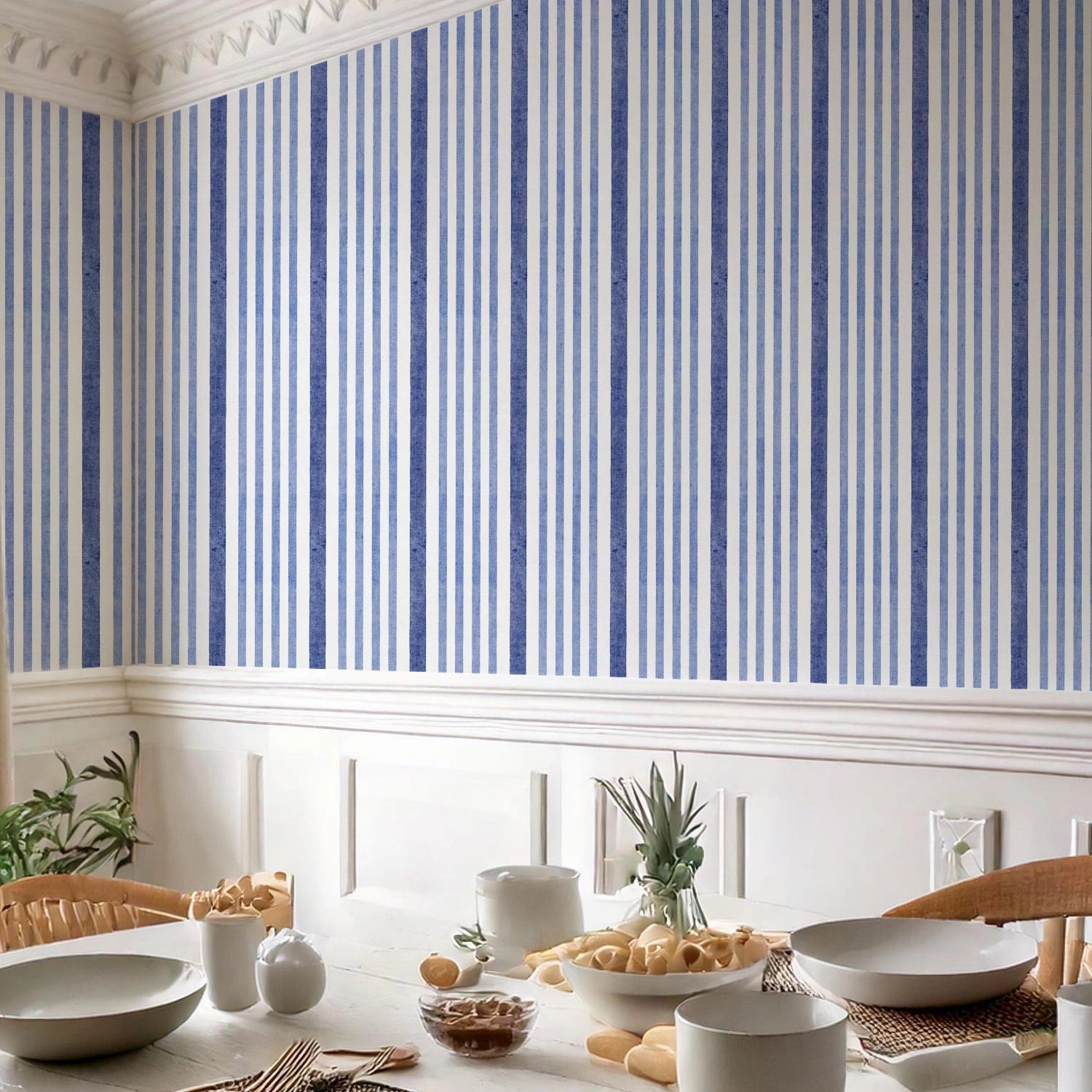 Blue and White Striped Wallpaper – coastal watercolour style in breakfast room