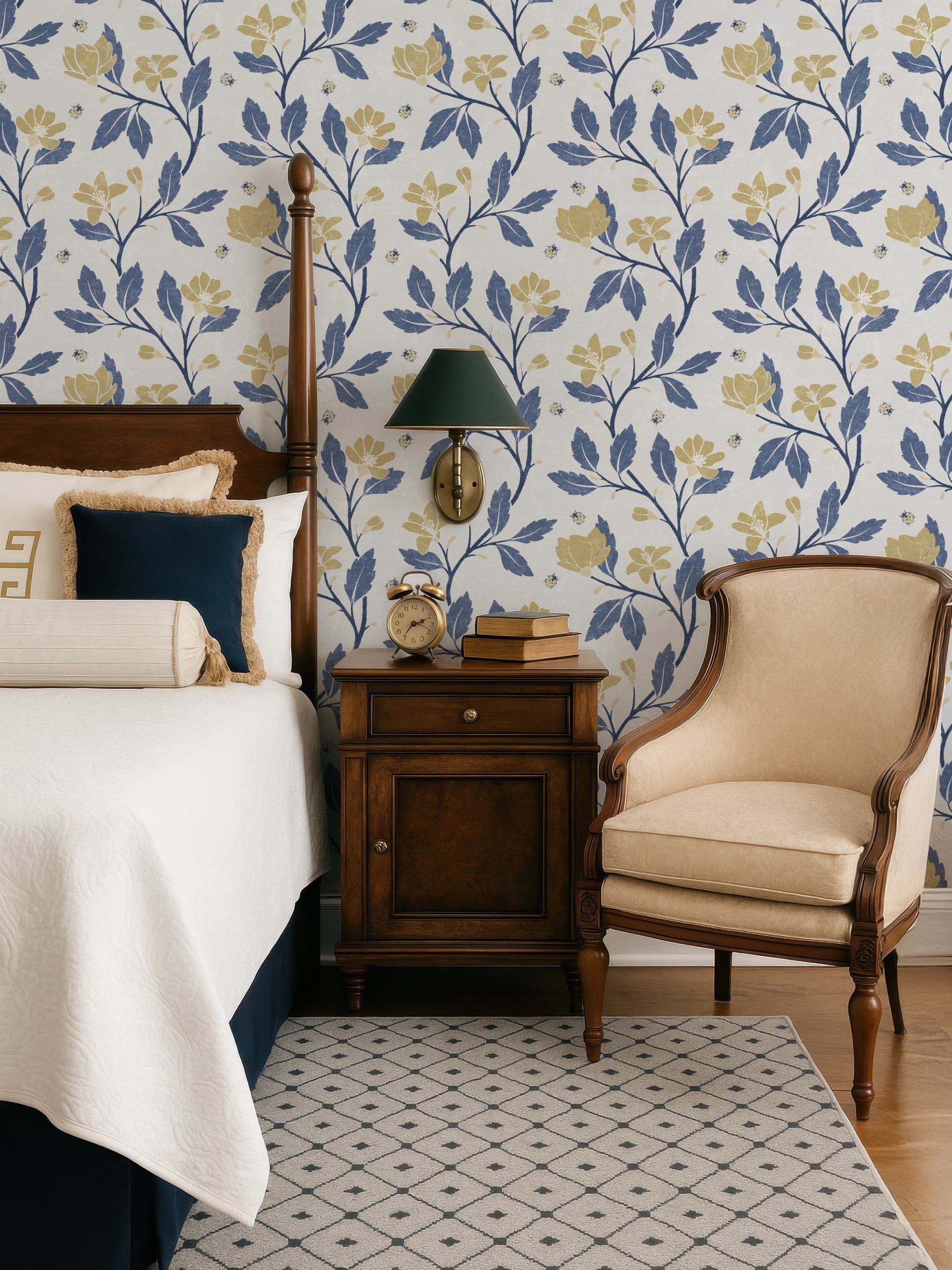 Blue and Yellow Floral Vine Wallpaper – cottage style wallpaper in English country bedroom