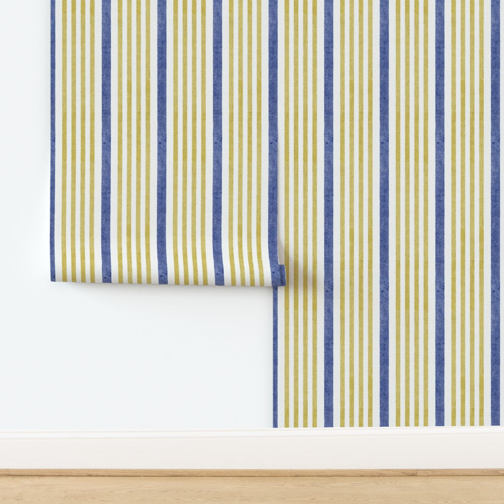 Blue and Yellow Striped Wallpaper Roll – coastal watercolour striped wallpaper close-up