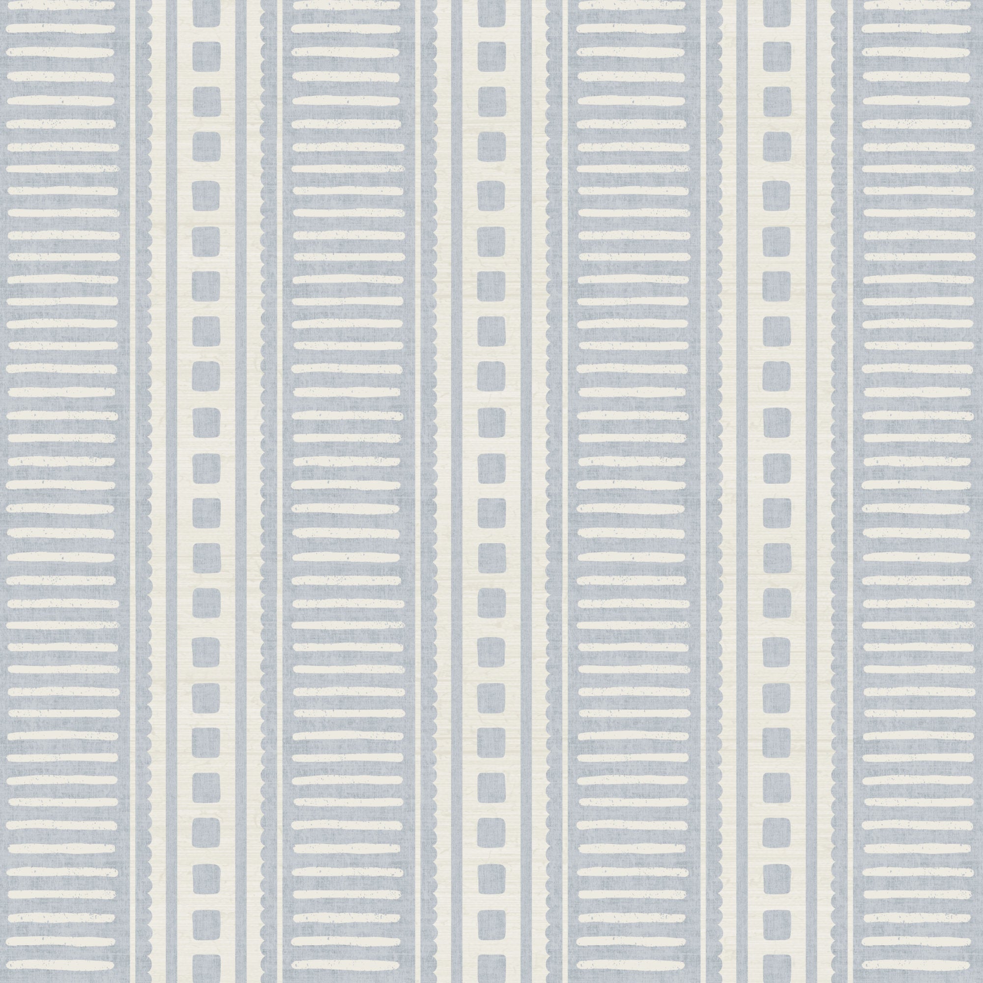 A close-up of cornflower blue coastal stripe wallpaper, hand-drawn block-print dashes and squares on a linen-textured ground
