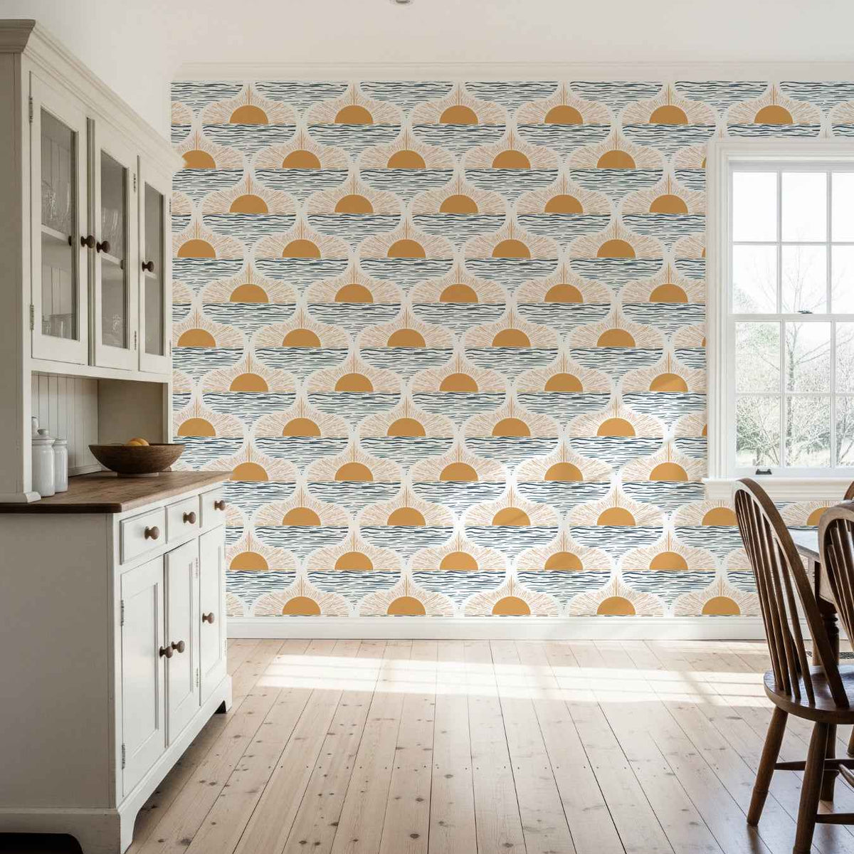 Boho Coastal Wallpaper: Sunrise Over Ocean Design in Yellow and Blue, Modern Coastal Sunset Style for Walls
