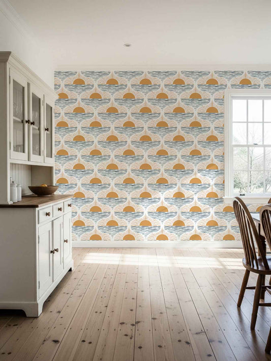 Boho Coastal Wallpaper: Sunrise Over Ocean Design in Yellow and Blue, Modern Coastal Sunset Style for Walls