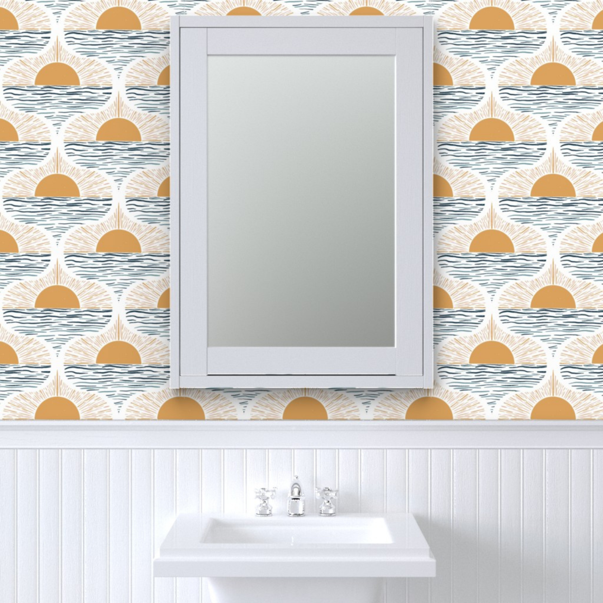 Boho coastal wallpaper in yellow and blue sunrise pattern – modern coastal bathroom wall decor