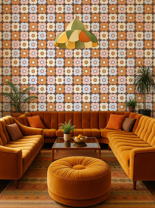 Brown and mustard retro floral wallpaper – bold 70s style in mid century living room