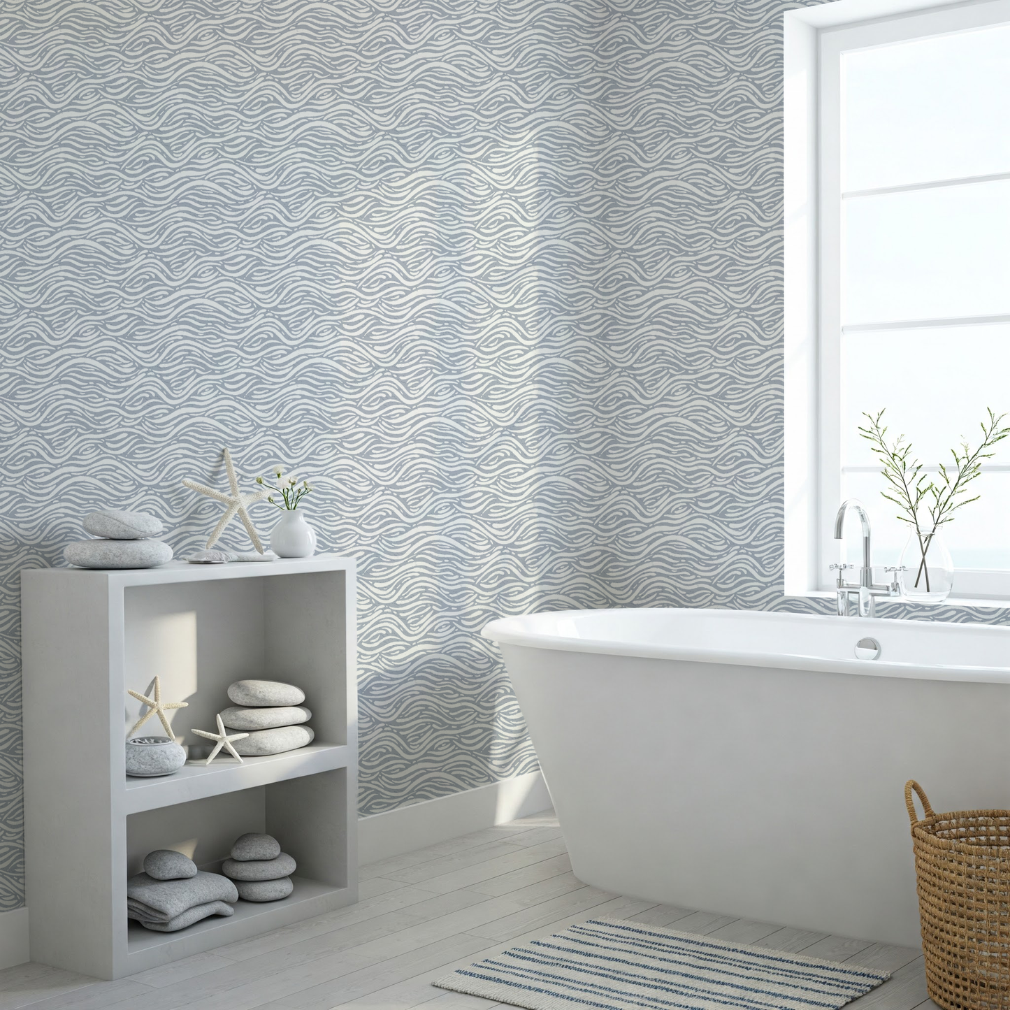 Coastal Waves Wallpaper in Blue: Minimalist Ocean-Inspired Design for Modern Interiors