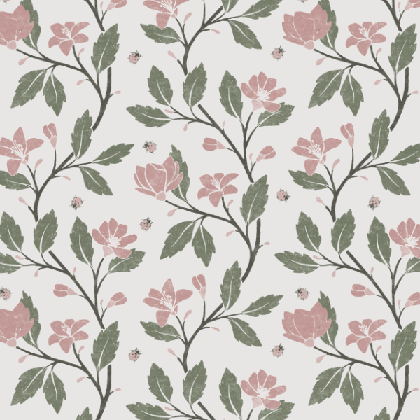 Floral wallpaper with pink flowers, green leaves, and small ladybirds