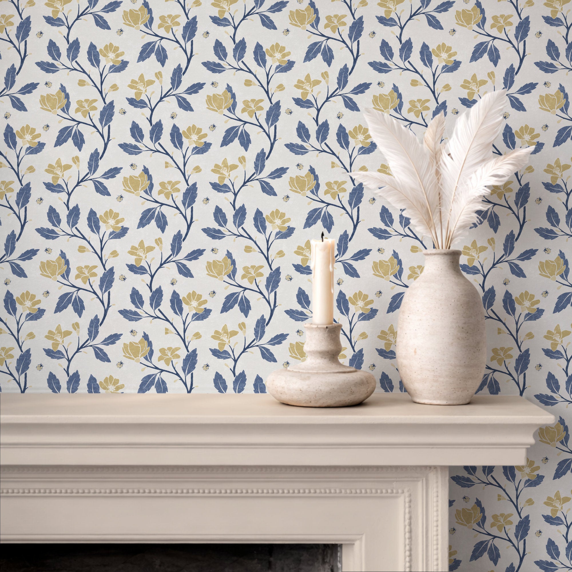 Cottage Floral Wallpaper: Hand-Drawn Floral Vine with Ladybirds