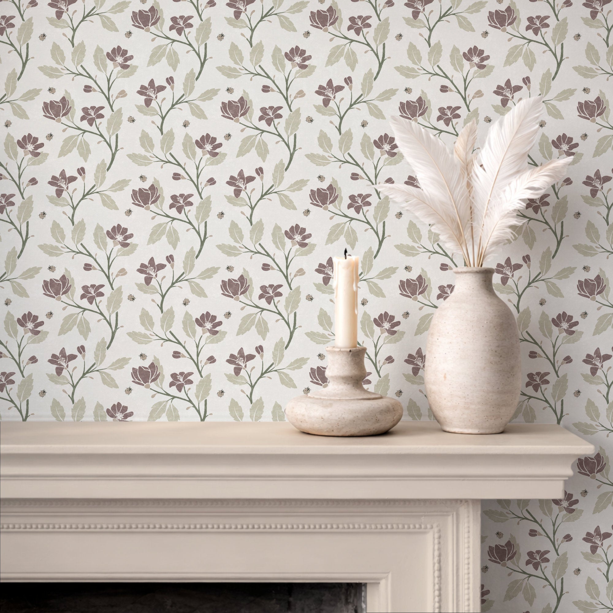 Cottage Floral Wallpaper: Hand-Drawn Floral Vine with Ladybirds