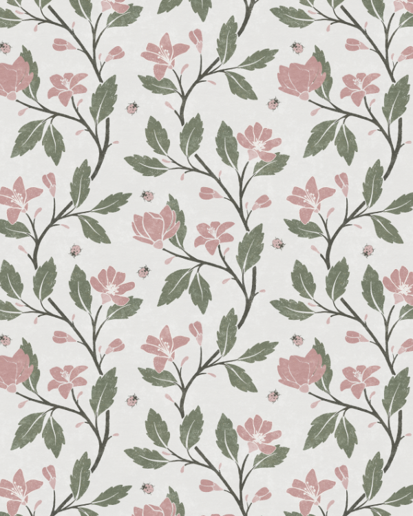 Cottage Floral Wallpaper: Hand-Drawn Floral Vine with Ladybirds