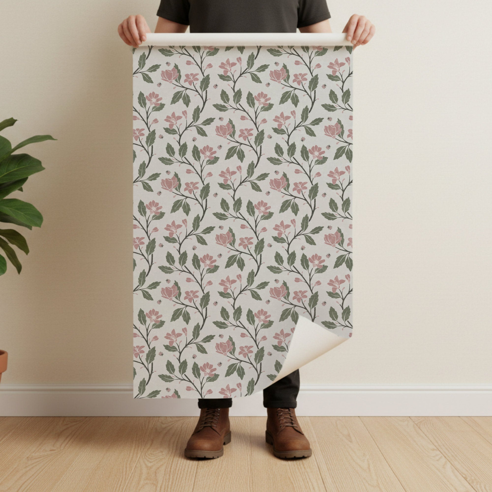 Cottage Floral Wallpaper: Hand-Drawn Floral Vine with Ladybirds