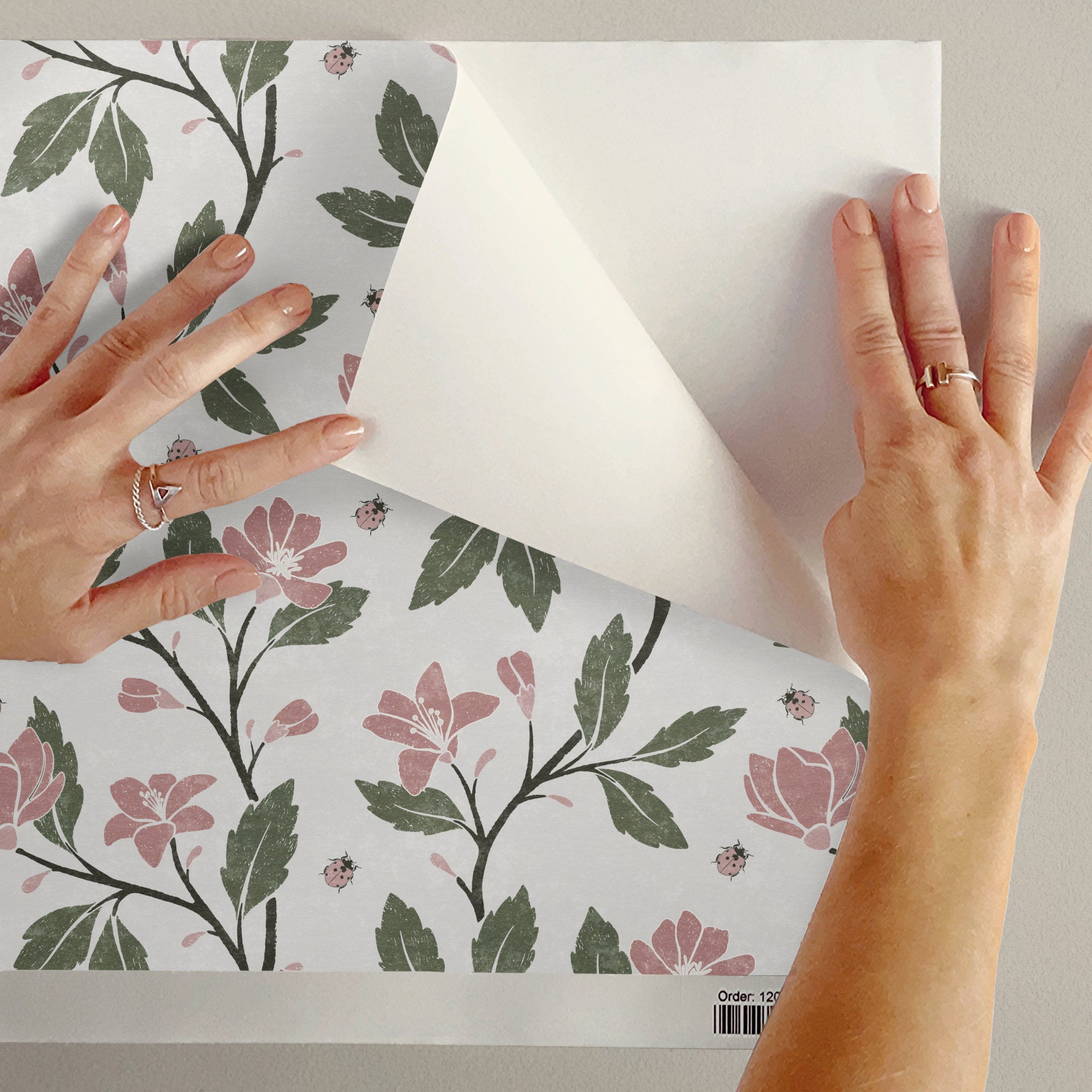 Cottage Floral Wallpaper: Hand-Drawn Floral Vine with Ladybirds