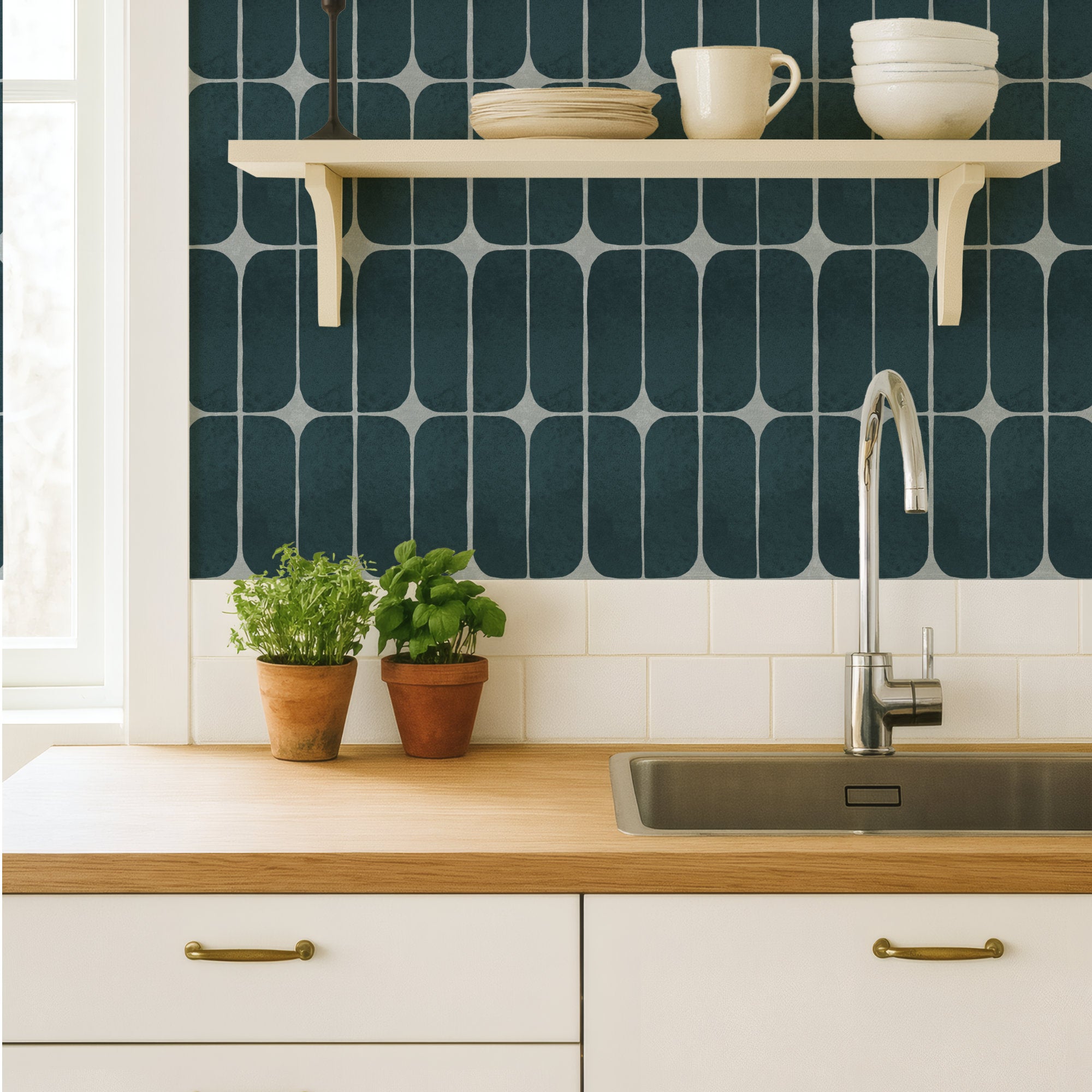 Teal retro tile wallpaper as a kitchen backsplash with open shelving