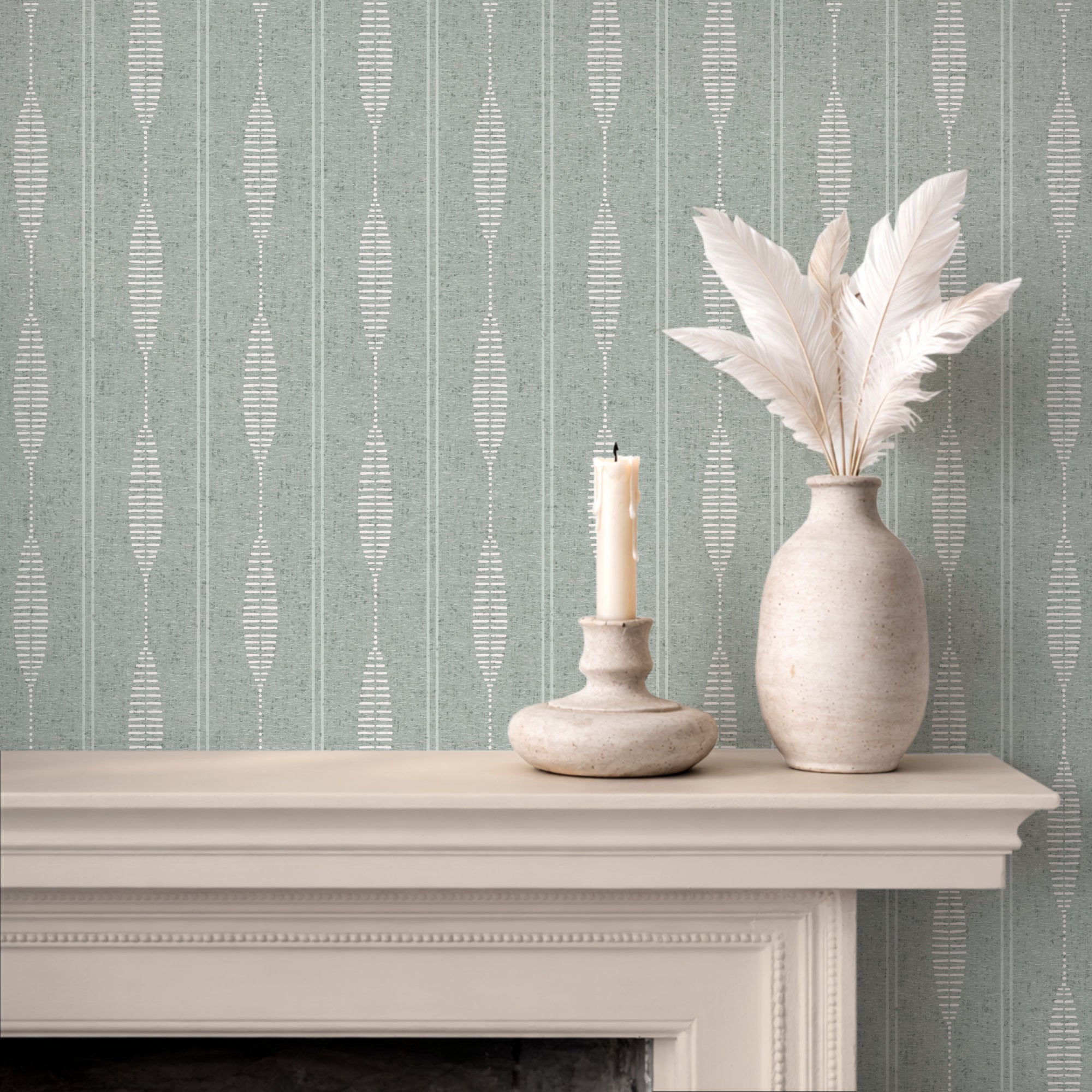 Duck egg blue linen stripe wallpaper behind a fireplace mantel, calm folk stripe
