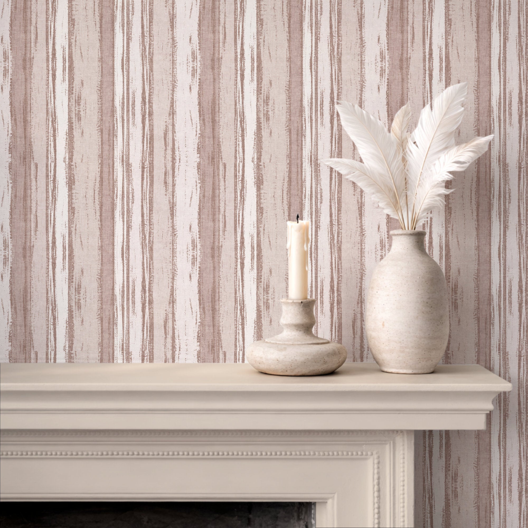 Abstract stripe wallpaper in soft tones, featuring textured brushstroke design, with a candle and decorative vase on a mantel.