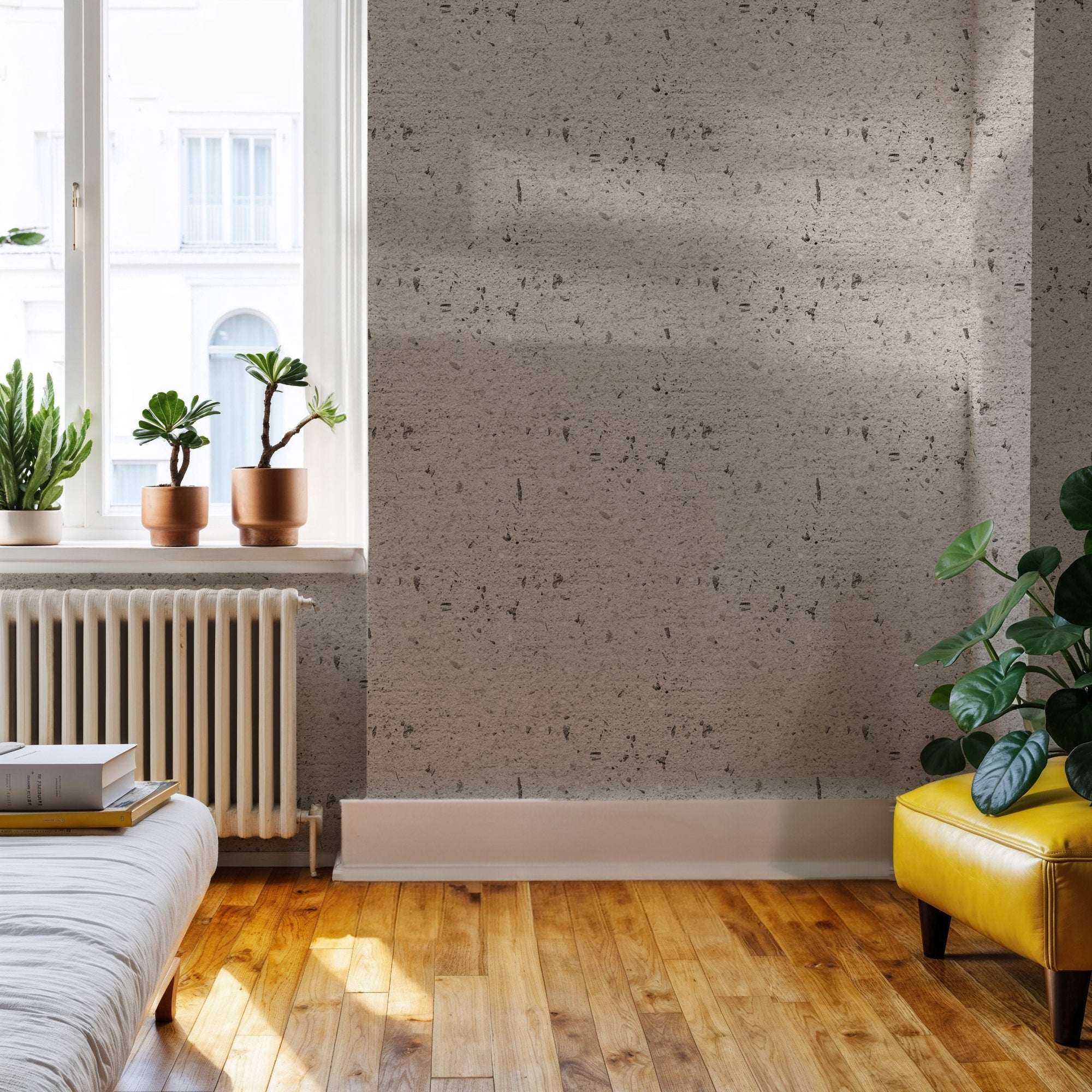 Concrete-effect wallpaper panel with light grey speckled texture and faux cement marks