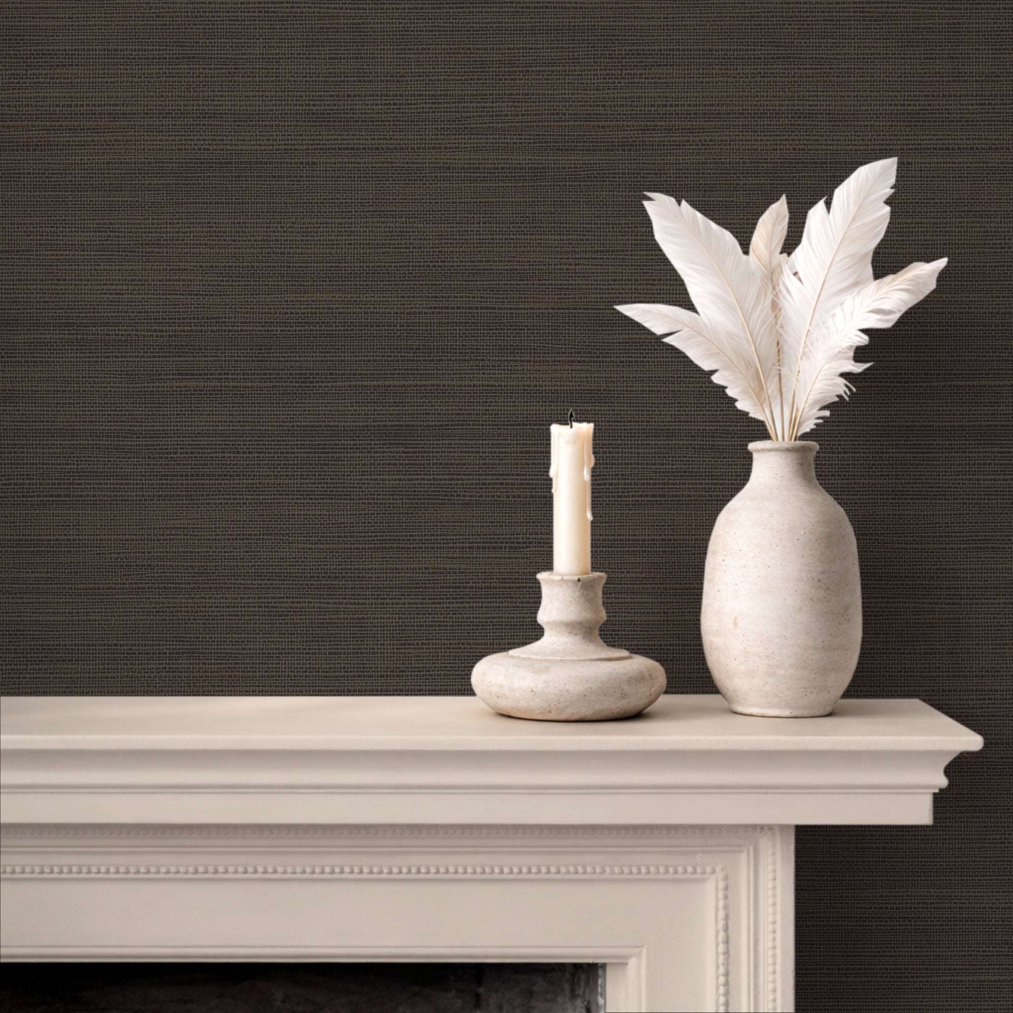 Faux grasscloth wallpaper, dark brown woven texture, solid color finish on wall