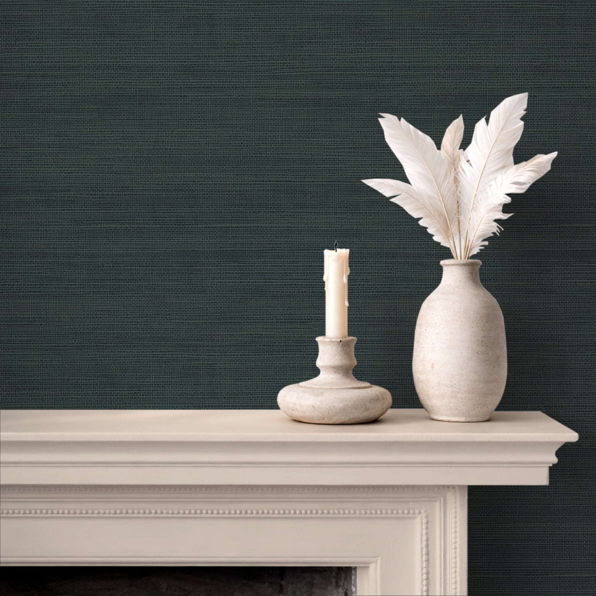 Faux grasscloth wallpaper, dark teal woven texture, solid color finish on wall