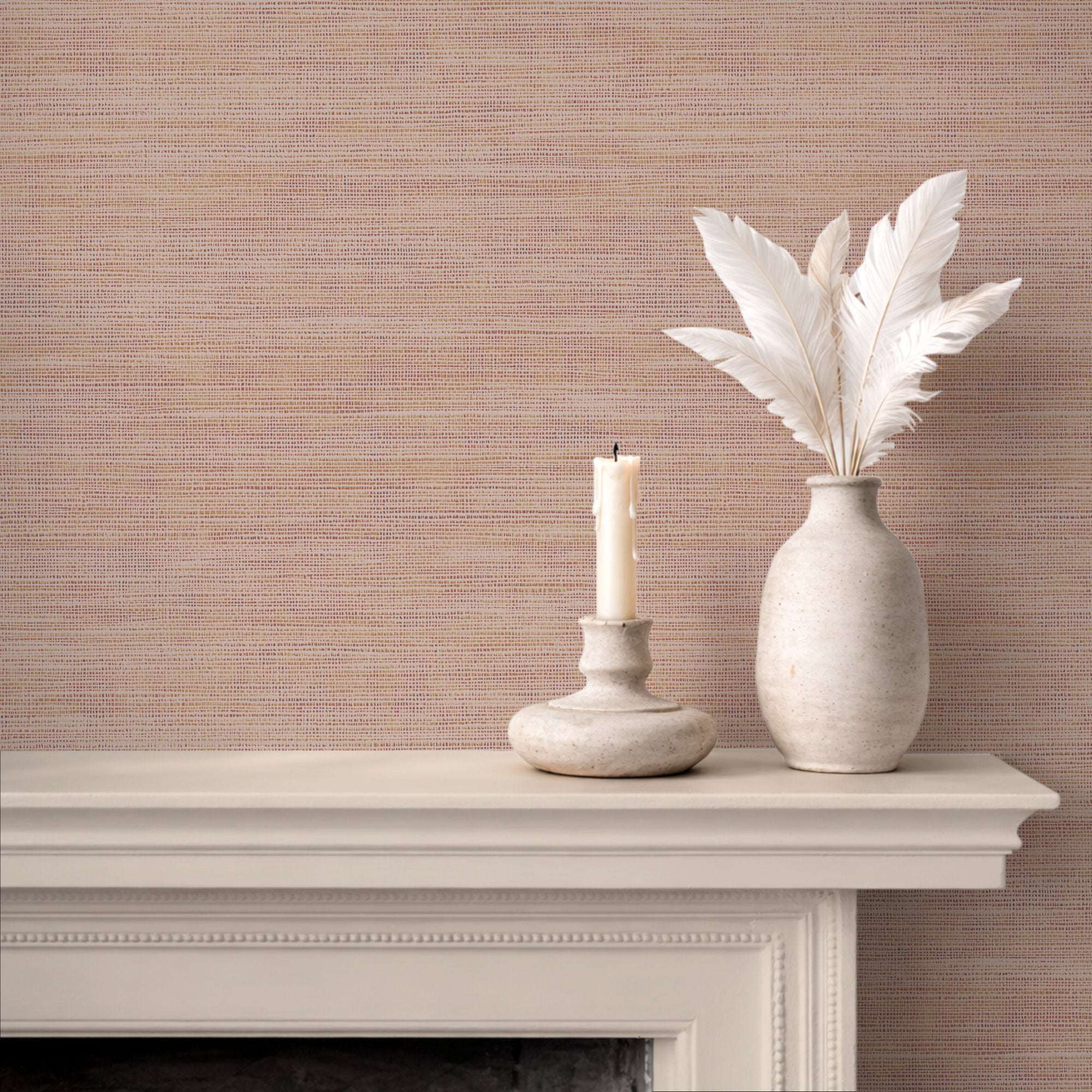 Faux grasscloth wallpaper, beige woven texture, solid color finish on wall