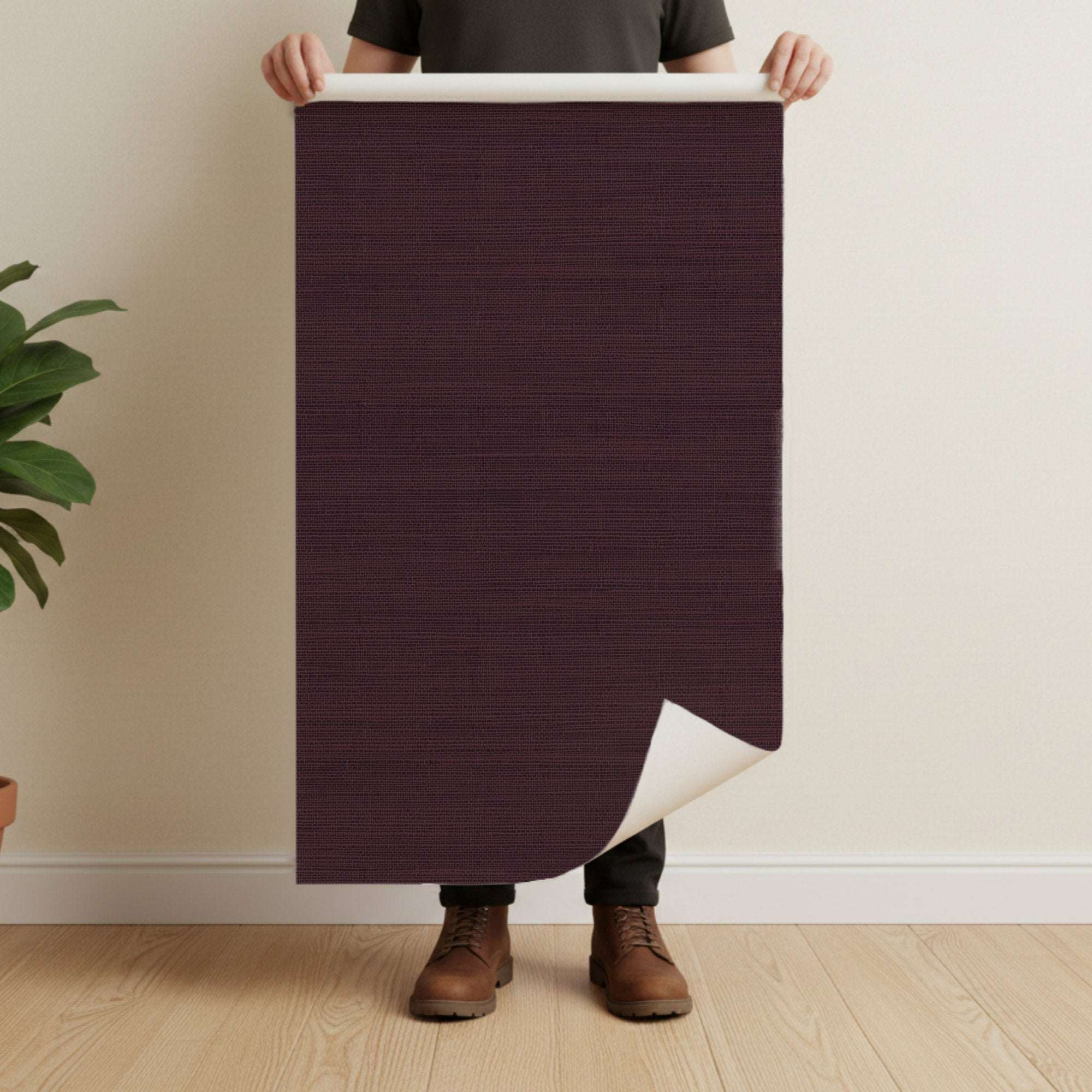 Faux grasscloth wallpaper roll, dark plum woven texture, solid color finish
