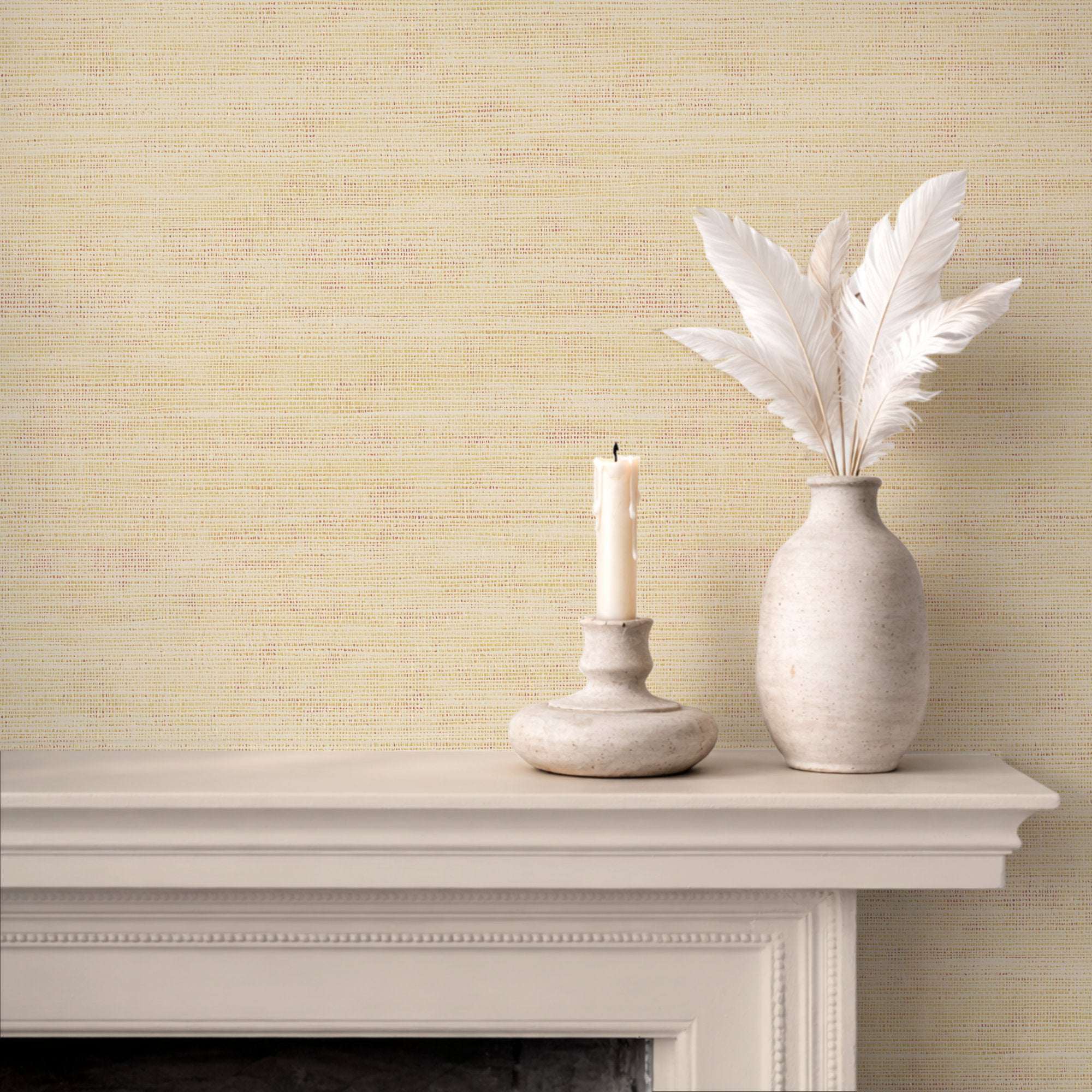 Faux grasscloth wallpaper, light beige woven texture, solid color finish on wall