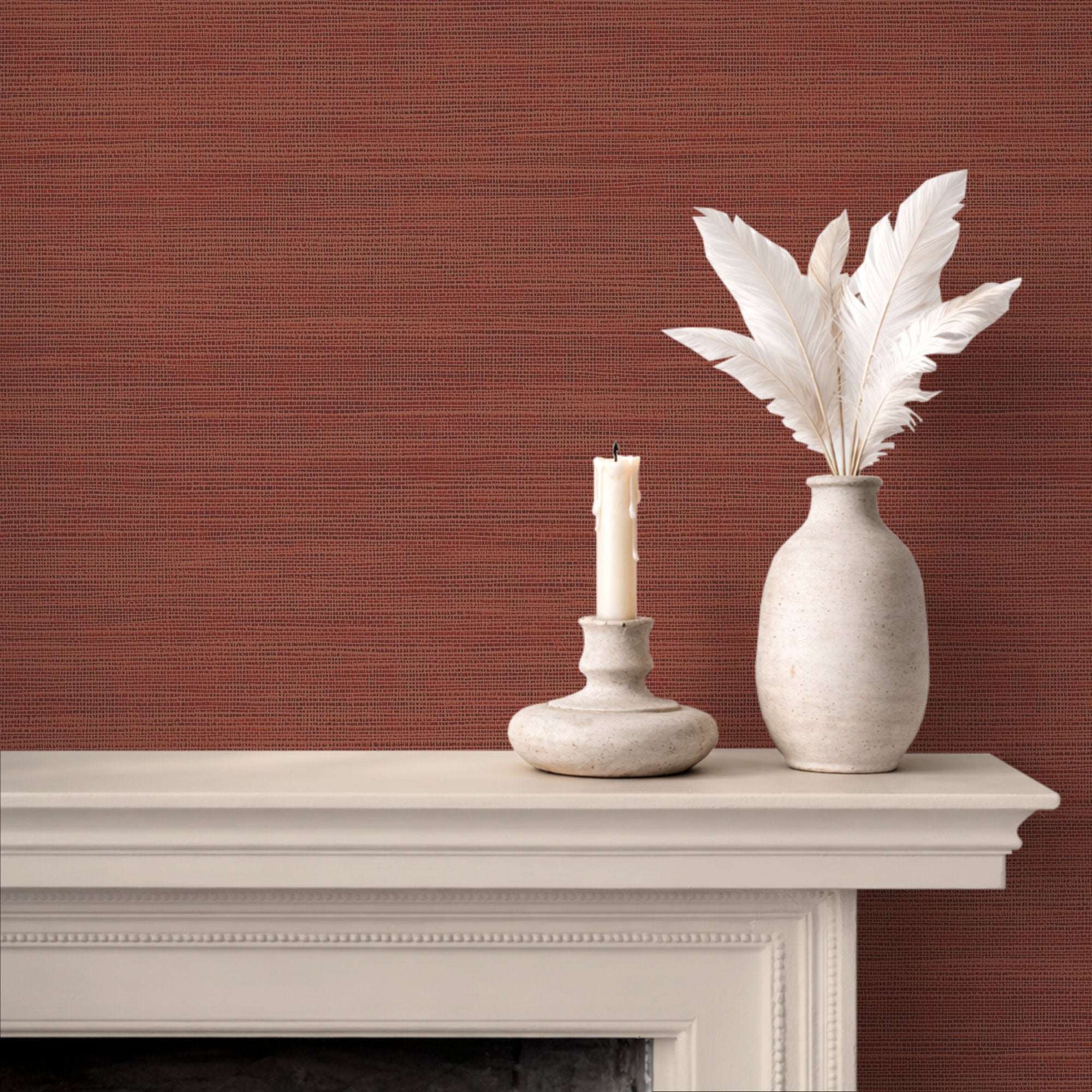 Woven texture faux grasscloth wallpaper, terracotta solid finish on wall