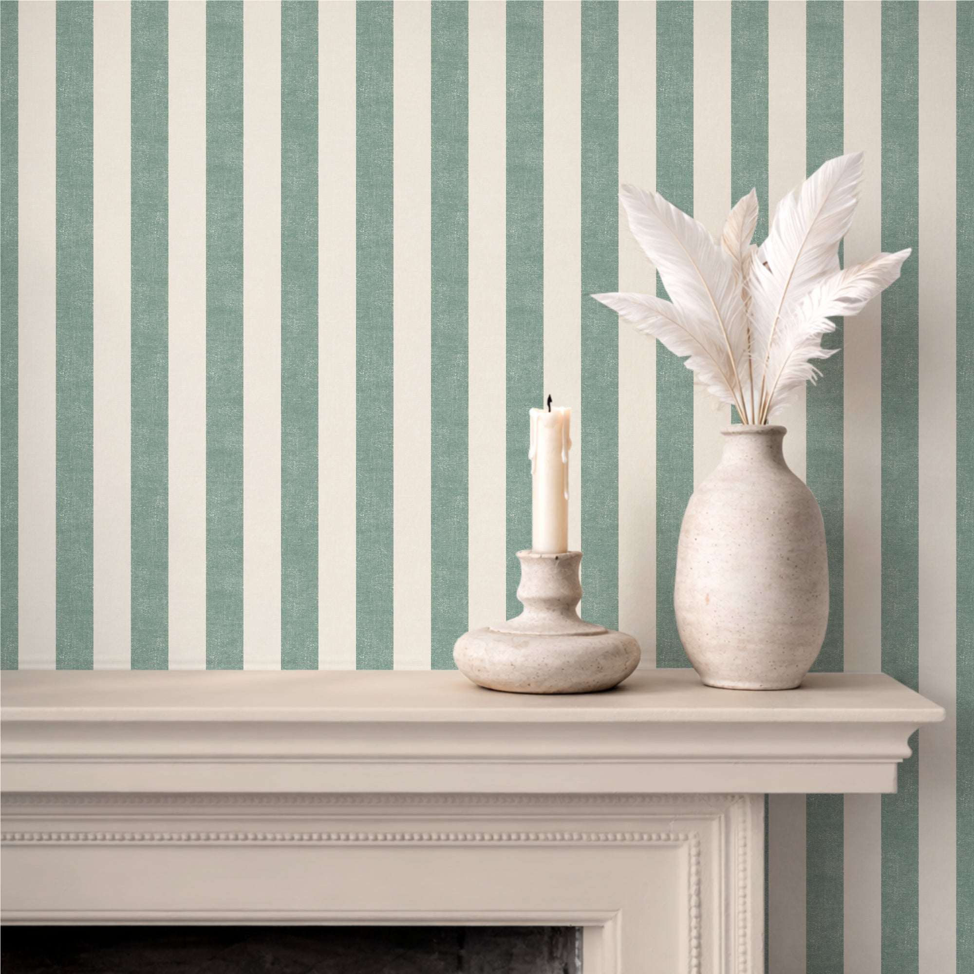 Textured extra-wide vertical stripe wallpaper in blue-green and cream