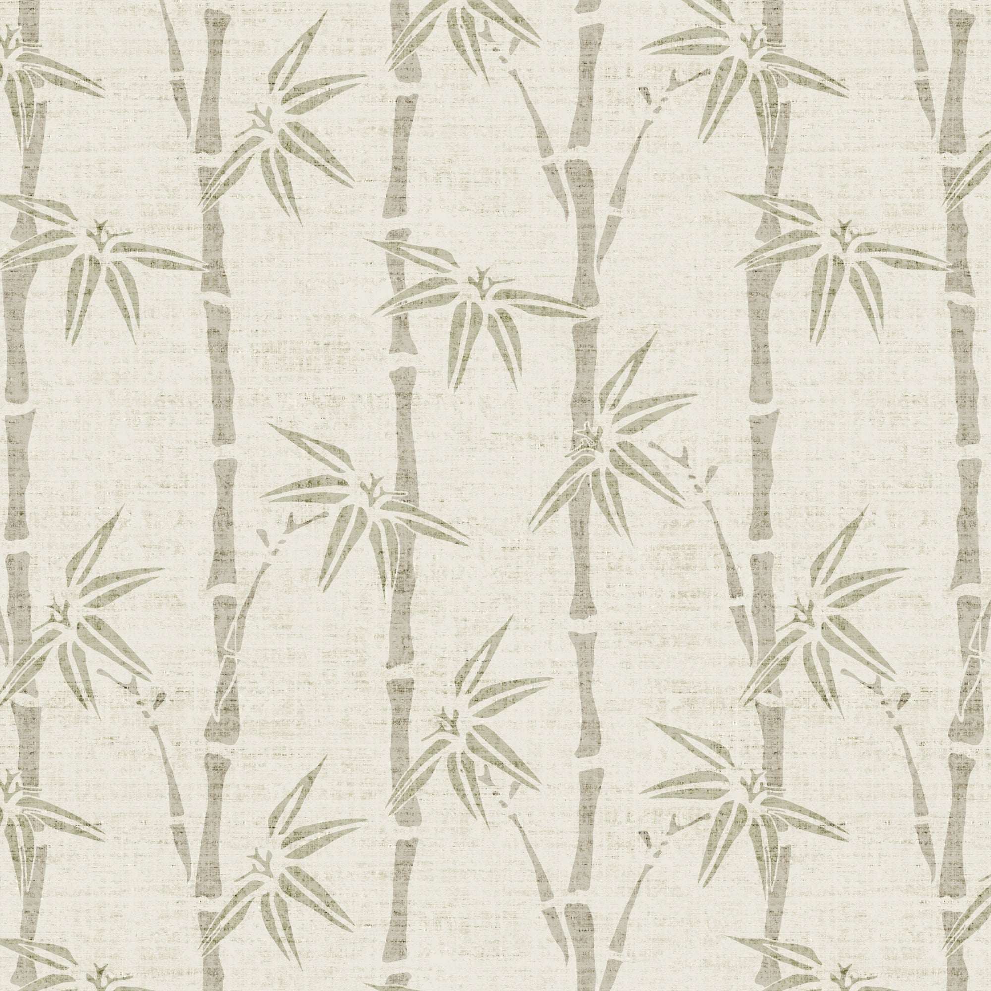 Bamboo stalk wallpaper pattern in light green on off-white, repeating botanical design