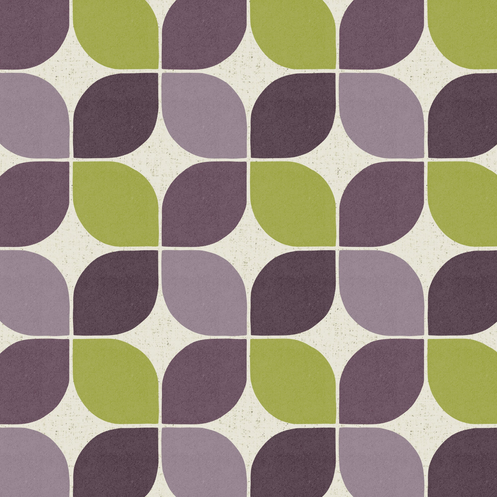 Close-up geometric square wallpaper pattern in plum, green, and gray on off-white