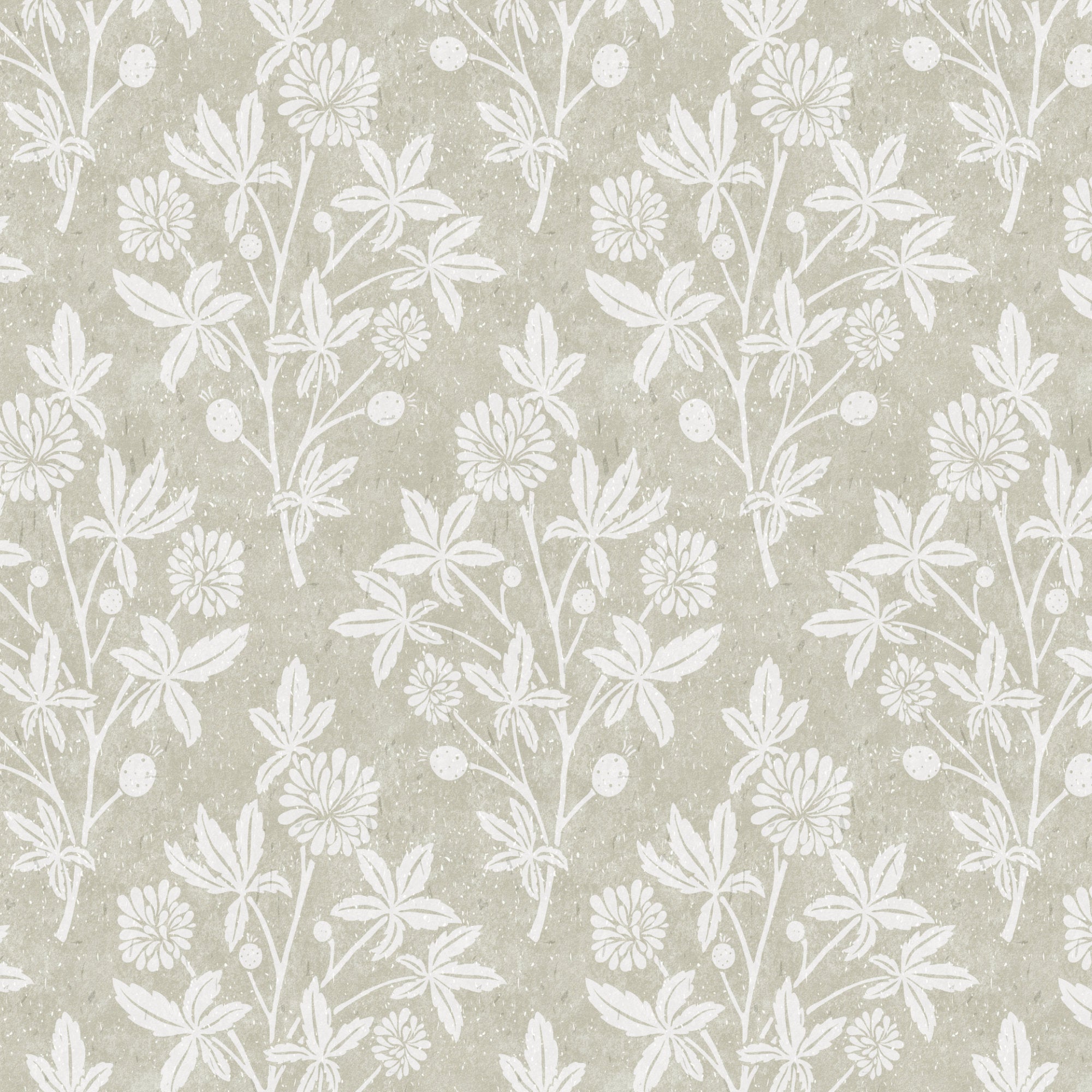 Botanical floral wallpaper with white flowers and berries on light gray-green ground