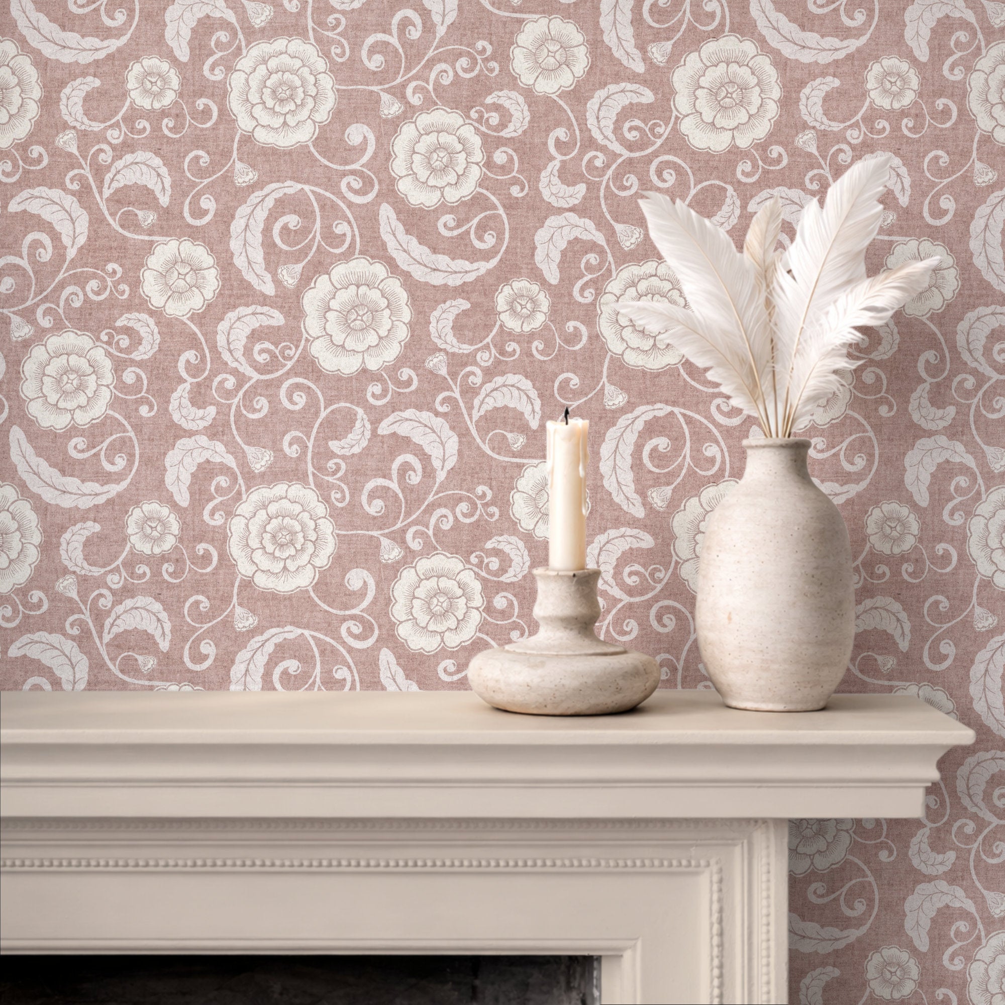 Dusty pink ginger jar wallpaper behind a fireplace mantel, soft porcelain florals
