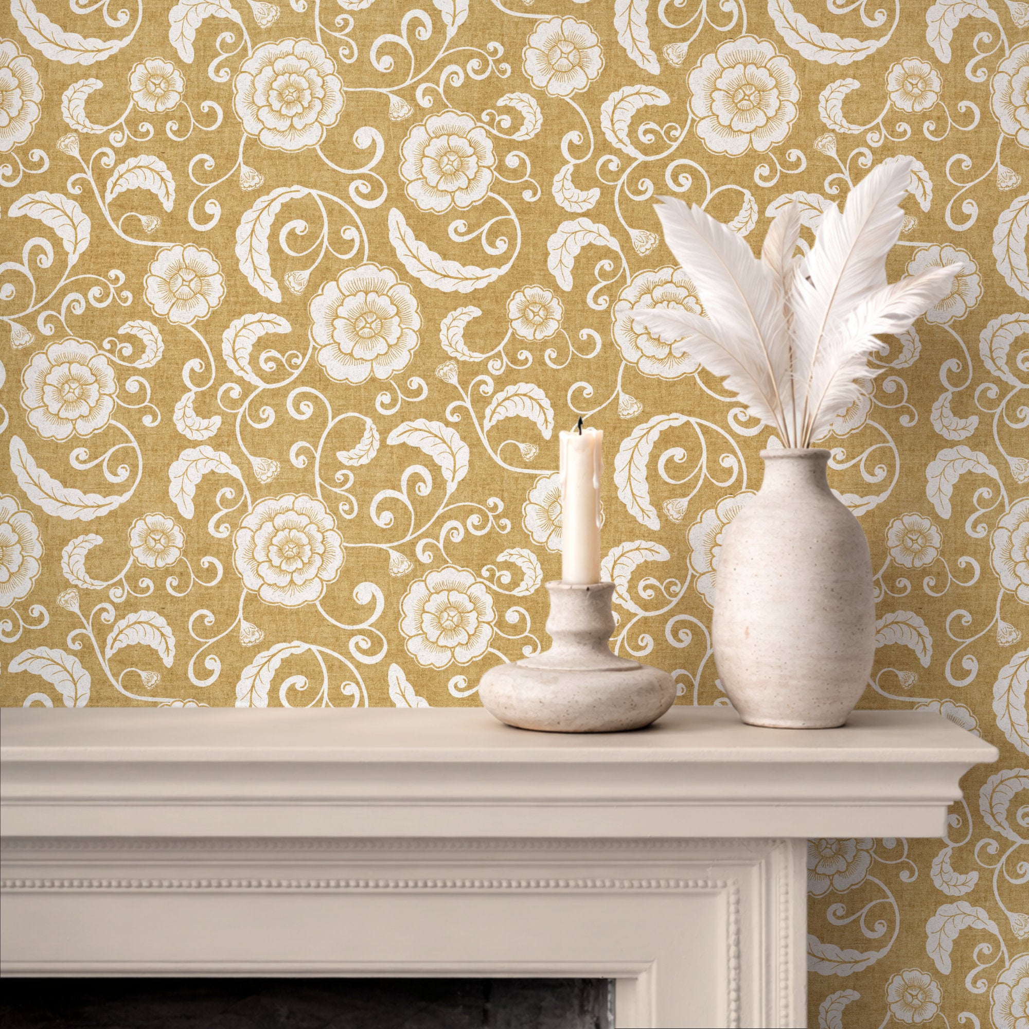 Mustard yellow ginger jar wallpaper behind a fireplace mantel, porcelain florals