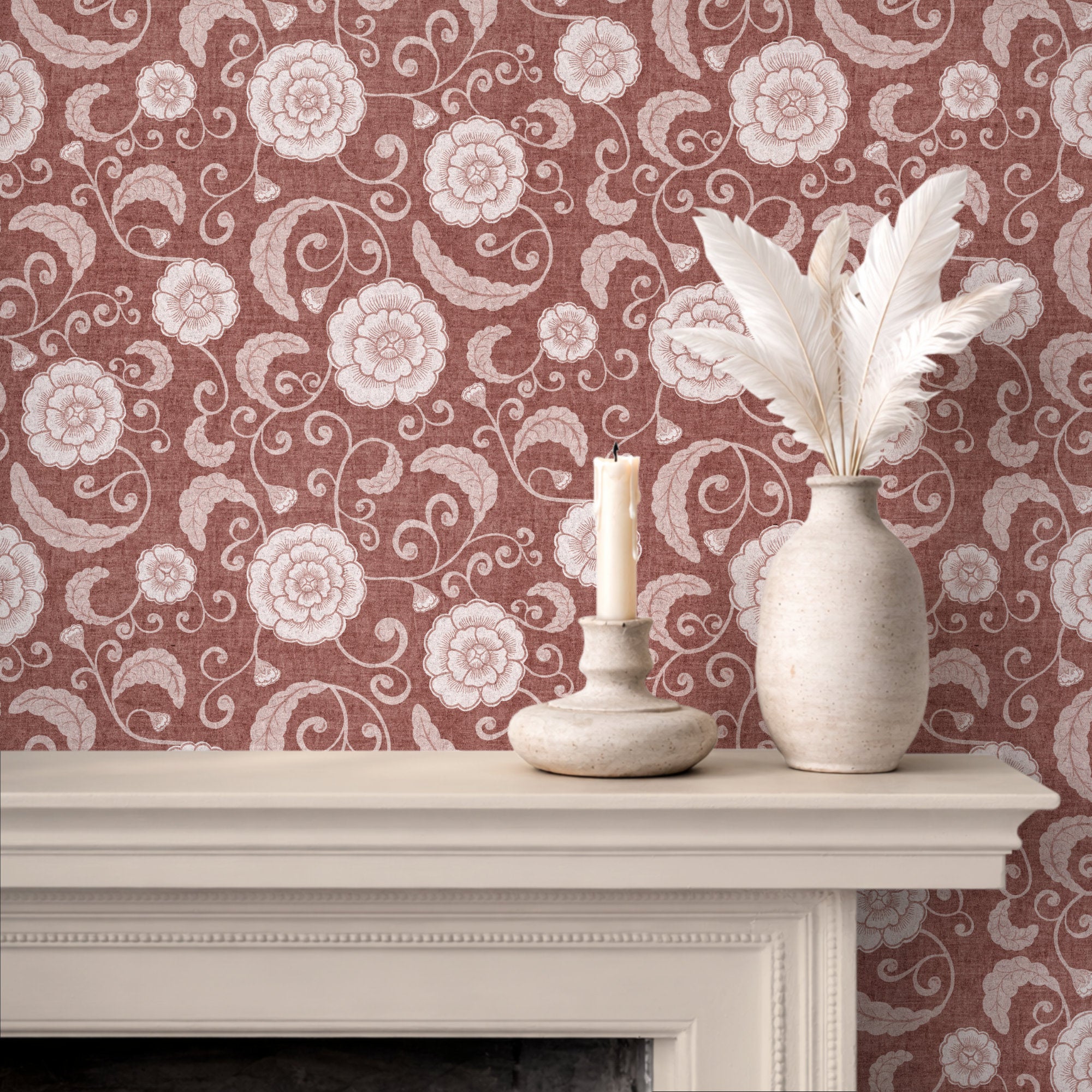 Terracotta ginger jar wallpaper behind a fireplace mantel, vintage chinoiserie florals