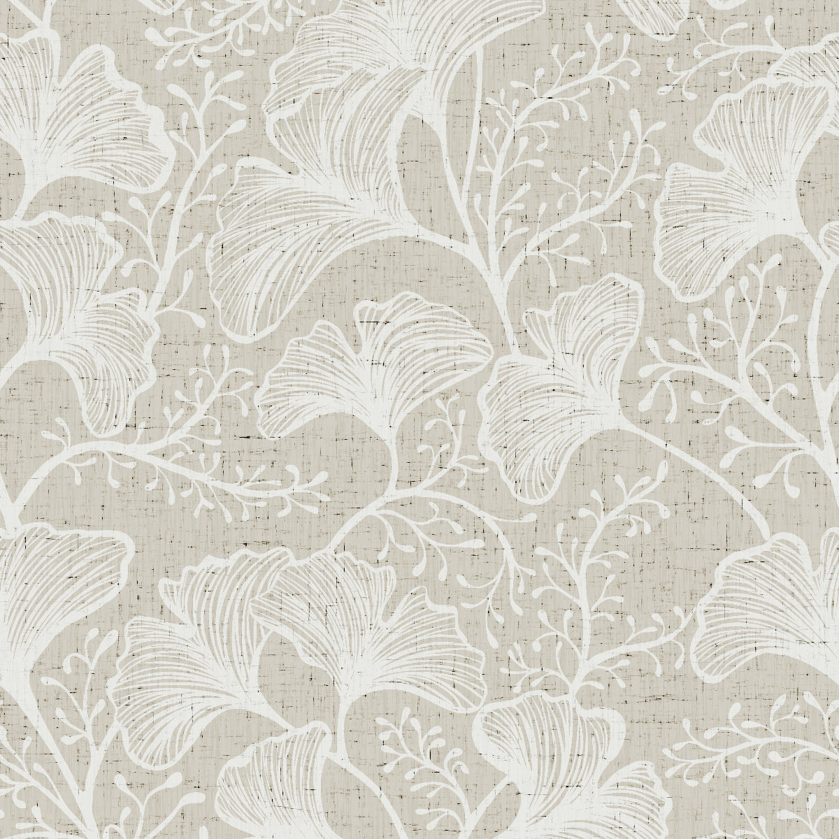 Textured Wallpaper with a subtle ginkgo leafpattern in white on a beige background