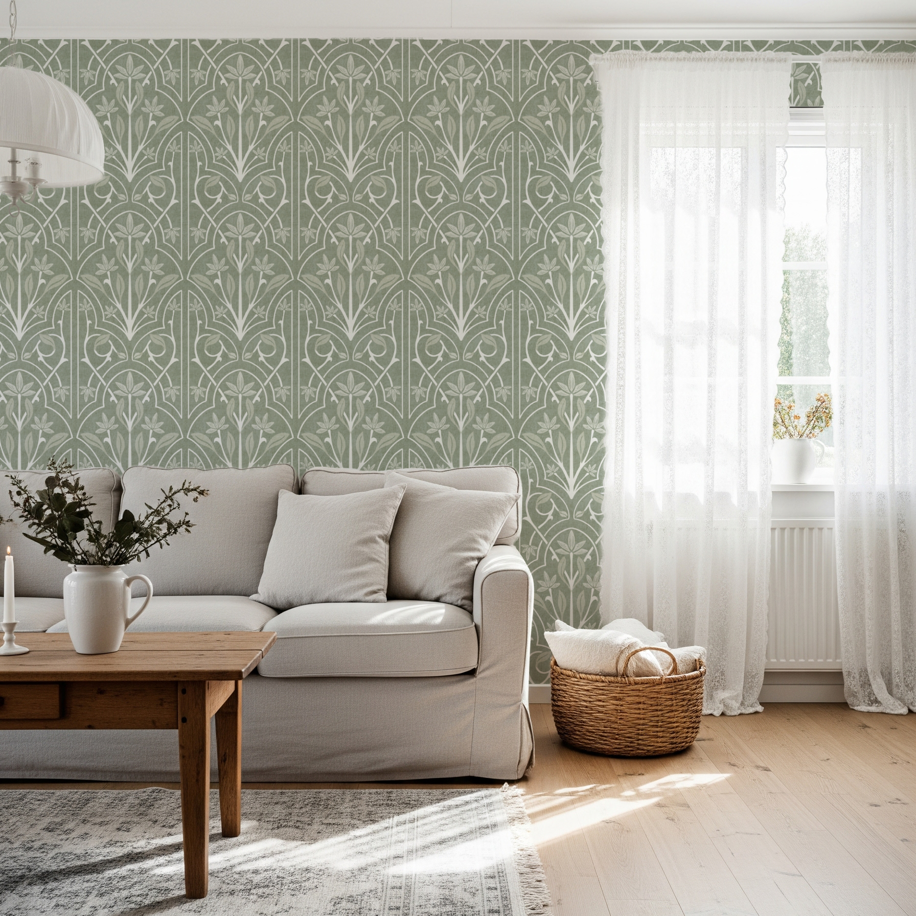 Green Art Nouveau Trellis Floral Wallpaper – muted olive trellis design for classic living room setting