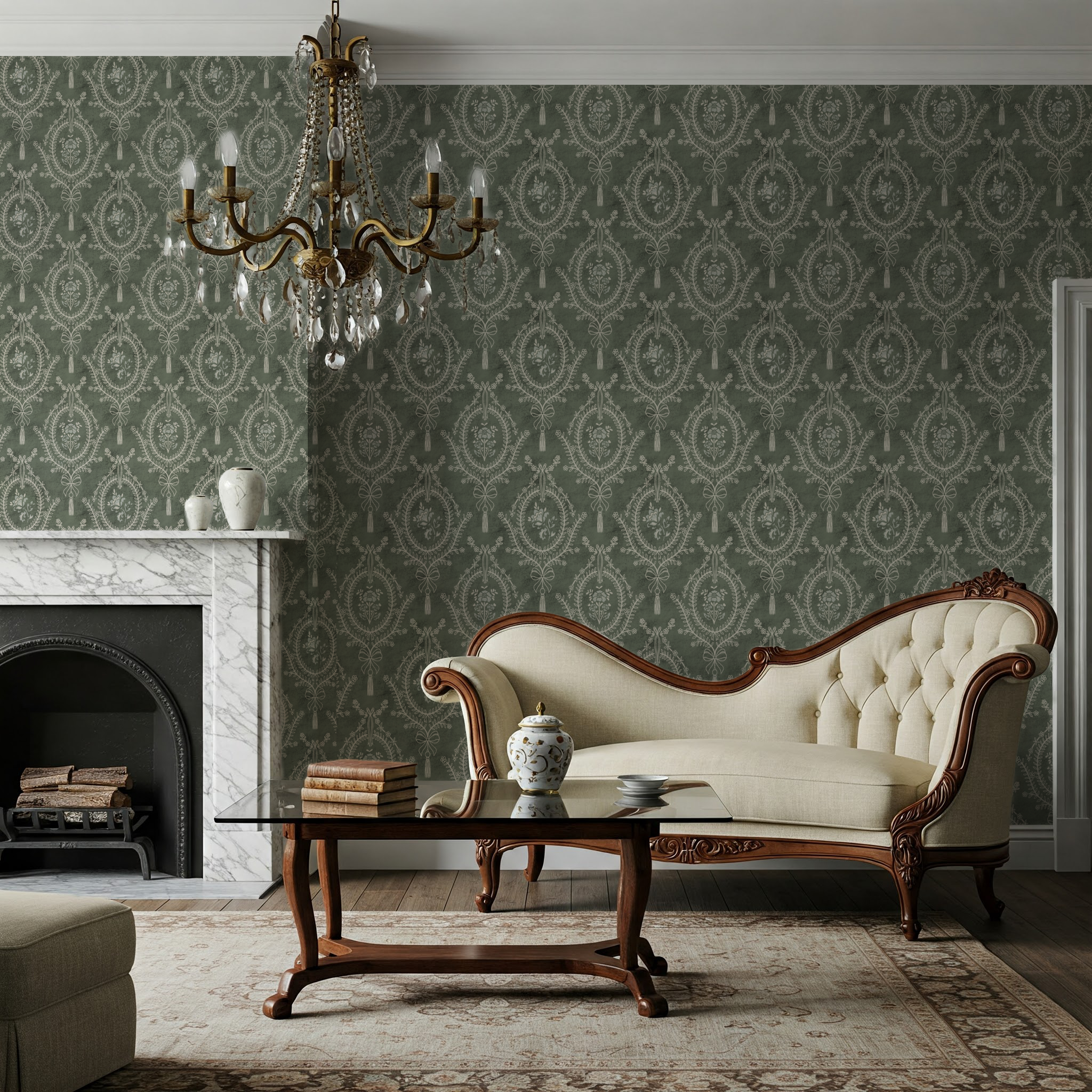 Green Damask Wallpaper – heritage-style damask wallpaper with neoclassical medallion pattern in a classic sitting room with fireplace.