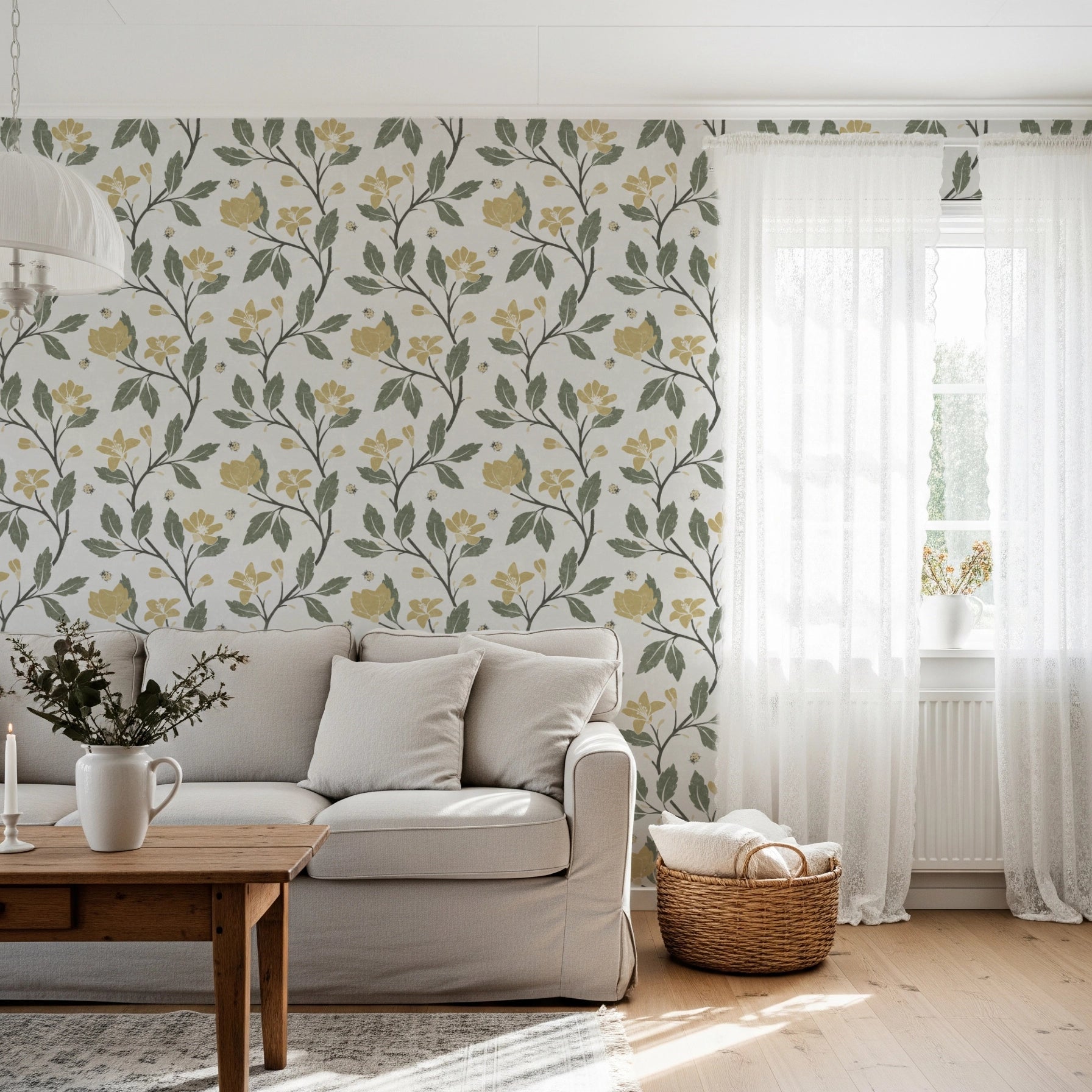 Green and Yellow Floral Vine Wallpaper – floral cottage wallpaper styled in modern farmhouse living room