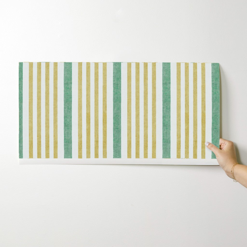Green and Yellow Striped Wallpaper Swatch – striped coastal watercolour wallpaper sample