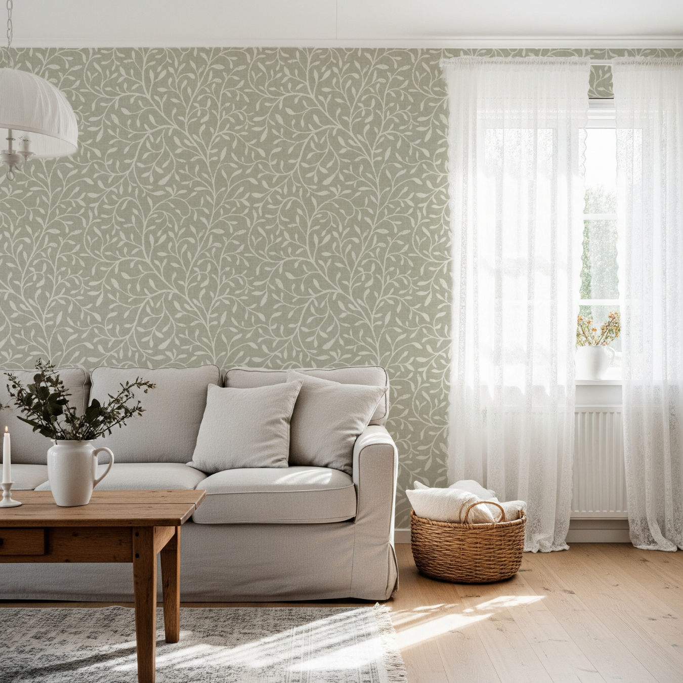 Living room with light gray sofa, wooden coffee table, and patterned green botanical wallpaper.