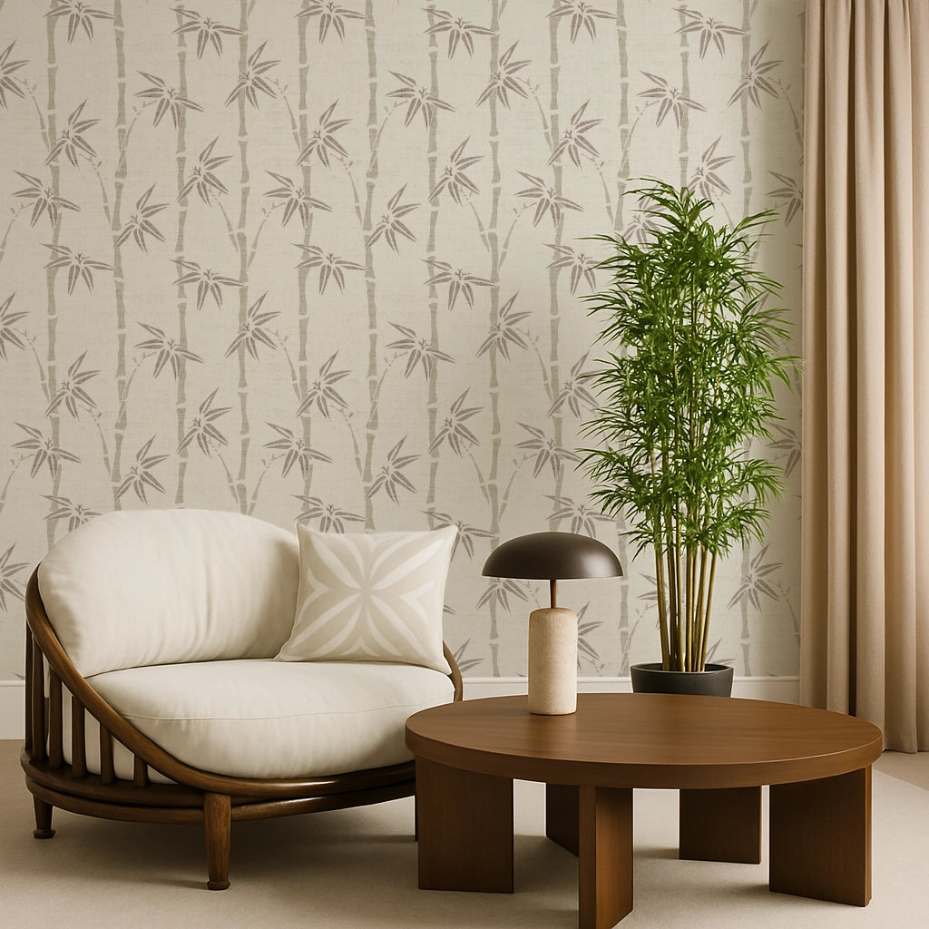 Japandi Bamboo Wallpaper – Minimalist Botanical Wallcovering in Neutral and Pastel Tones