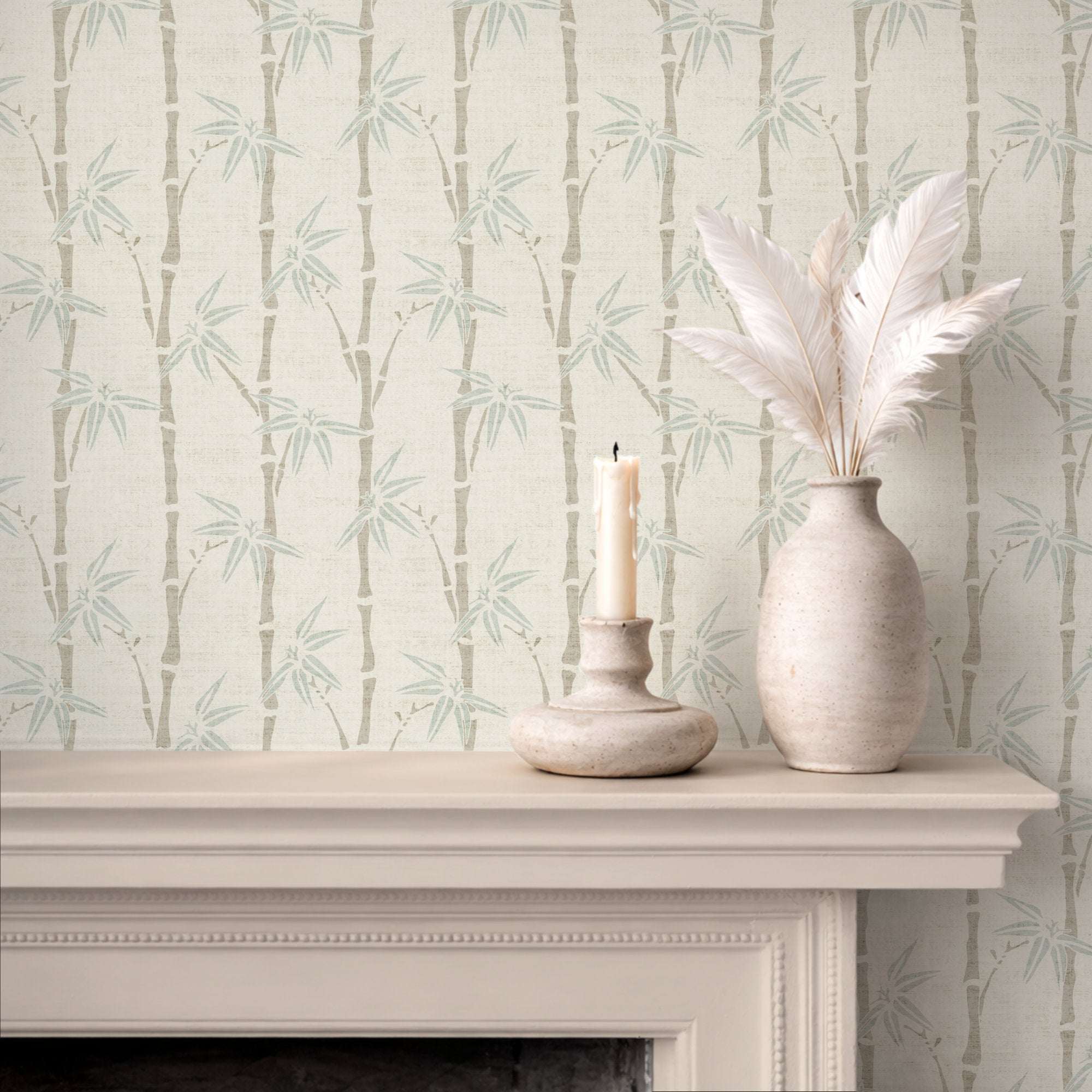 Off-white bamboo wallpaper with muted light green vertical stalks and fine leaf details