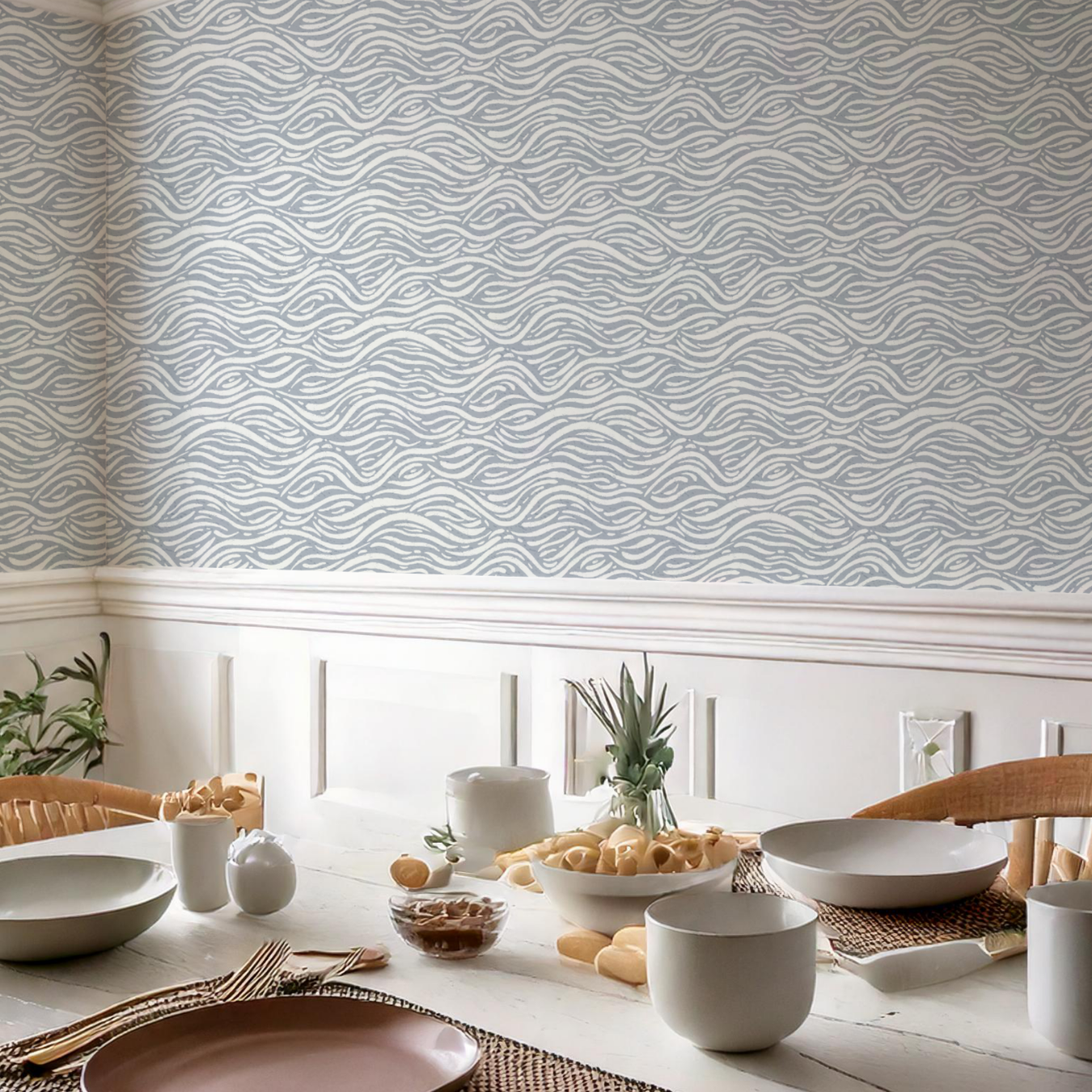 Coastal Waves Wallpaper in Blue: Minimalist Ocean-Inspired Design for Modern Interiors