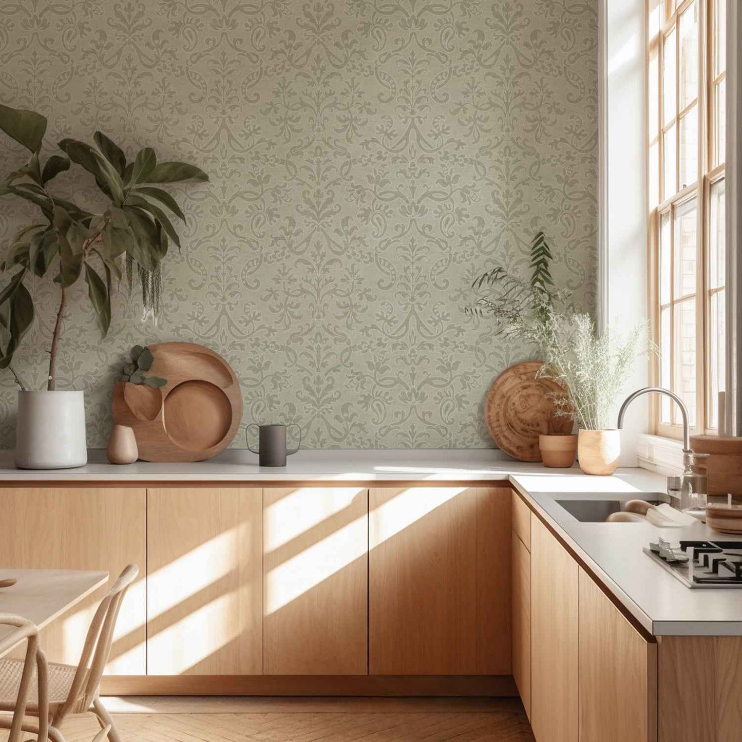 Victorian Damask Floral Wallpaper: Neutral, Pink, Blue & Green Vintage Design for Classic Interiors.