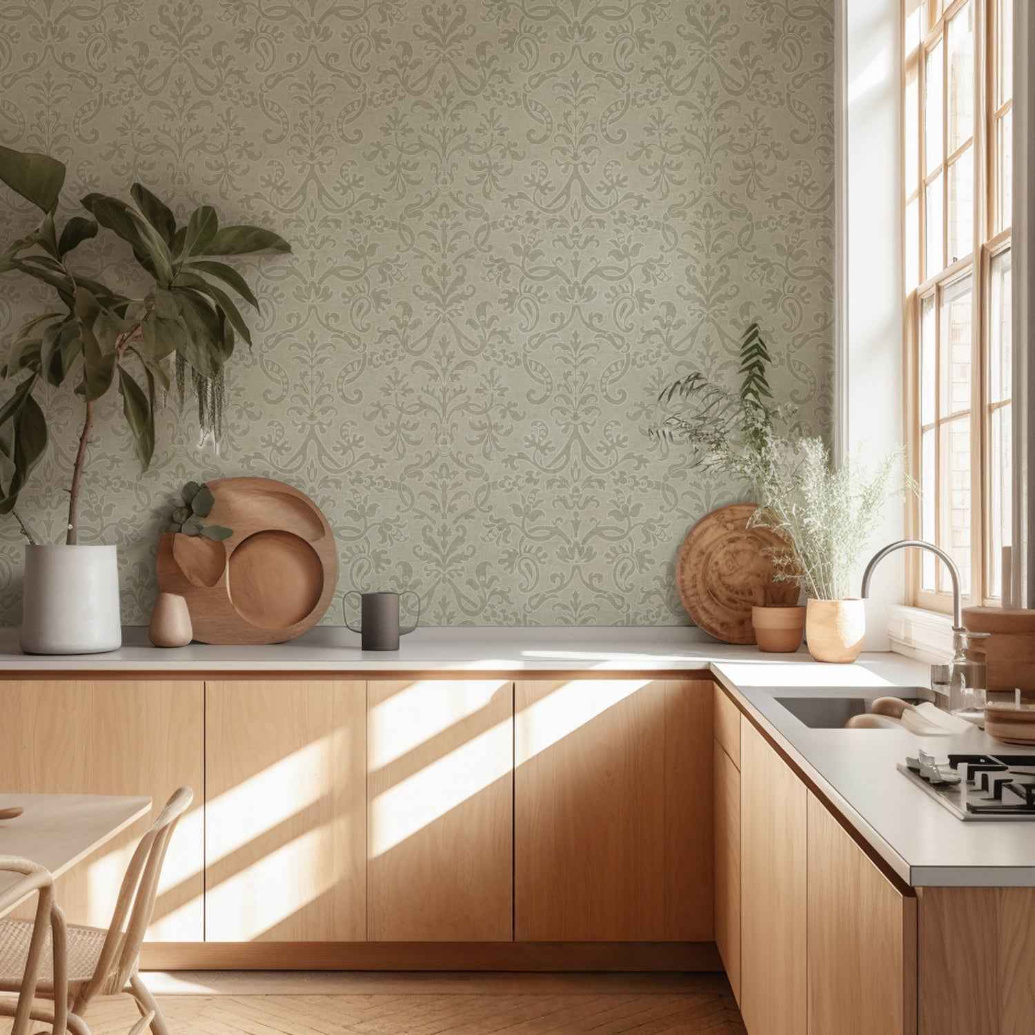 Victorian Damask Floral Wallpaper: Neutral, Pink, Blue & Green Vintage Design for Classic Interiors.