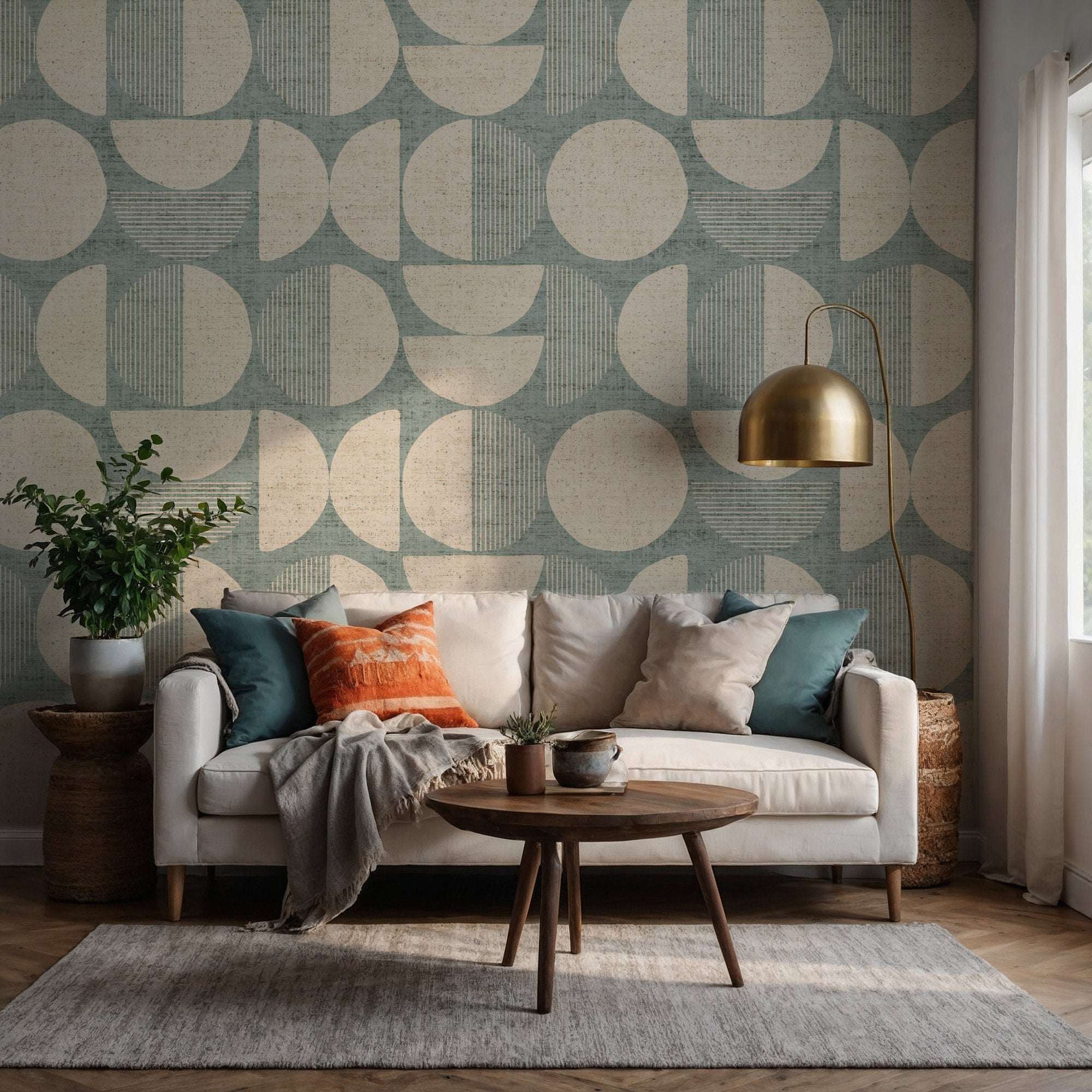 Teal wallpaper with cream organic circles and striped geometric pattern