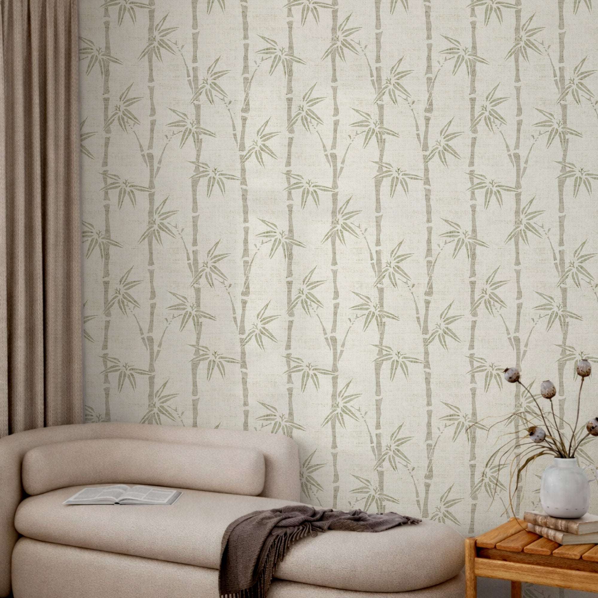 Bamboo-pattern wallpaper on wall with off-white base and light green vertical stalks