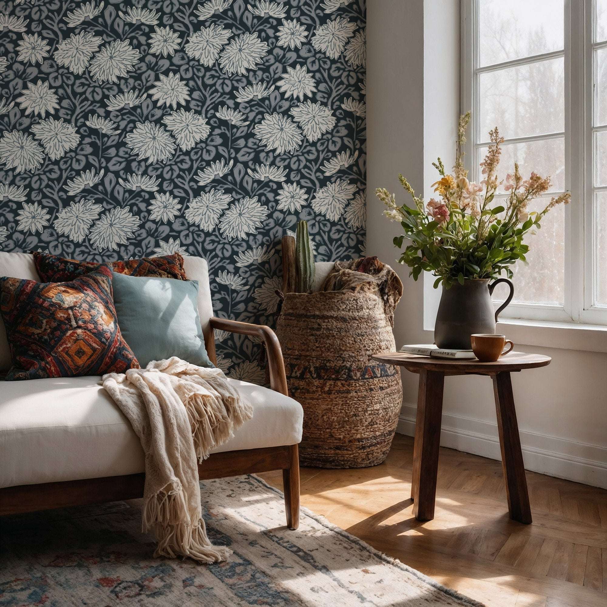 Dark navy sketchy floral wallpaper with light dahlias and botanical linework