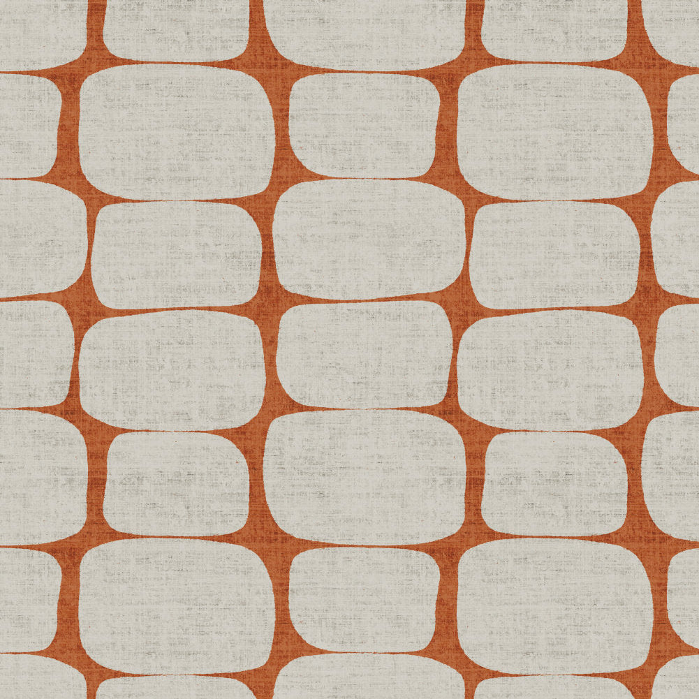 Wallpaper close-up: orange geometric pebble stripe grid with rounded rectangular blocks.