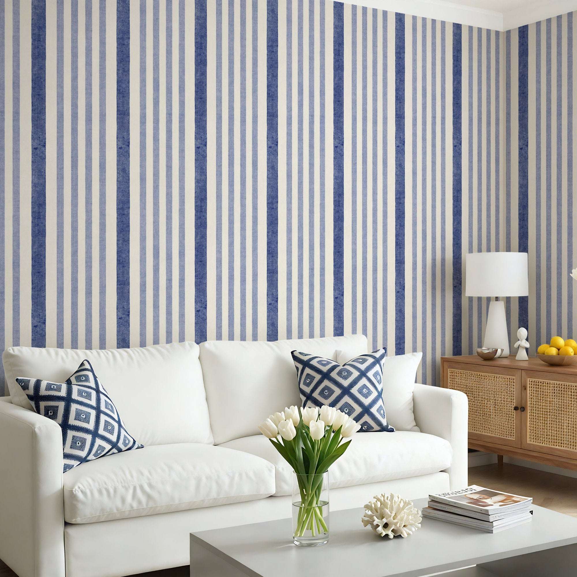 Wall wallpaper with vertical watercolor-style stripes in dark blue and off-white