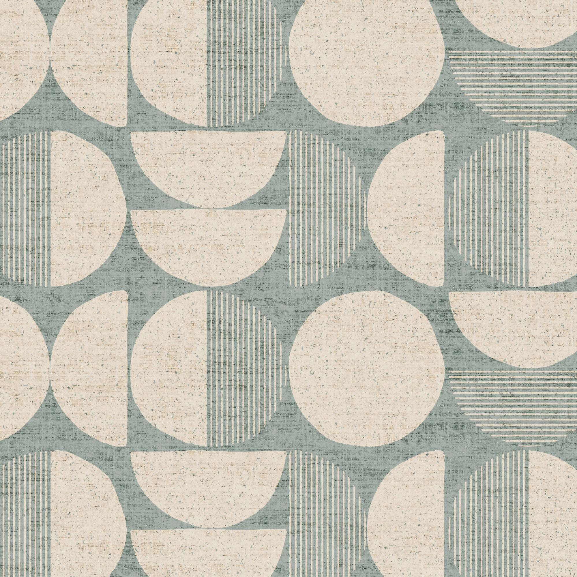 Mid-century circle-pattern wallpaper close-up in teal and beige