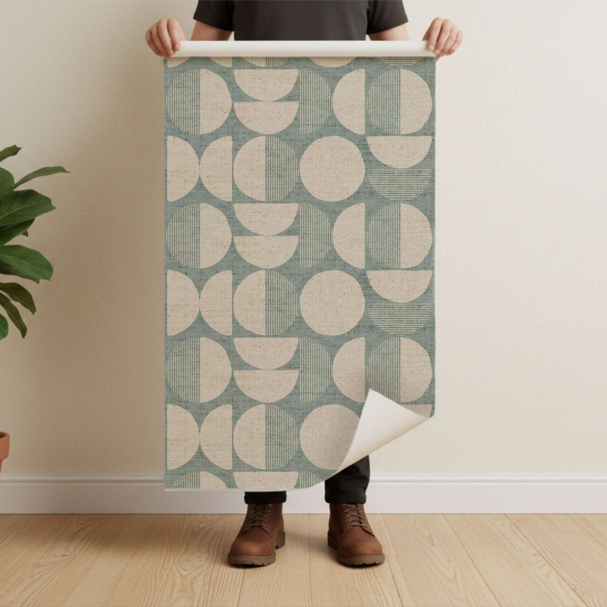 Mid-century circle-pattern wallpaper sheet in teal and beige
